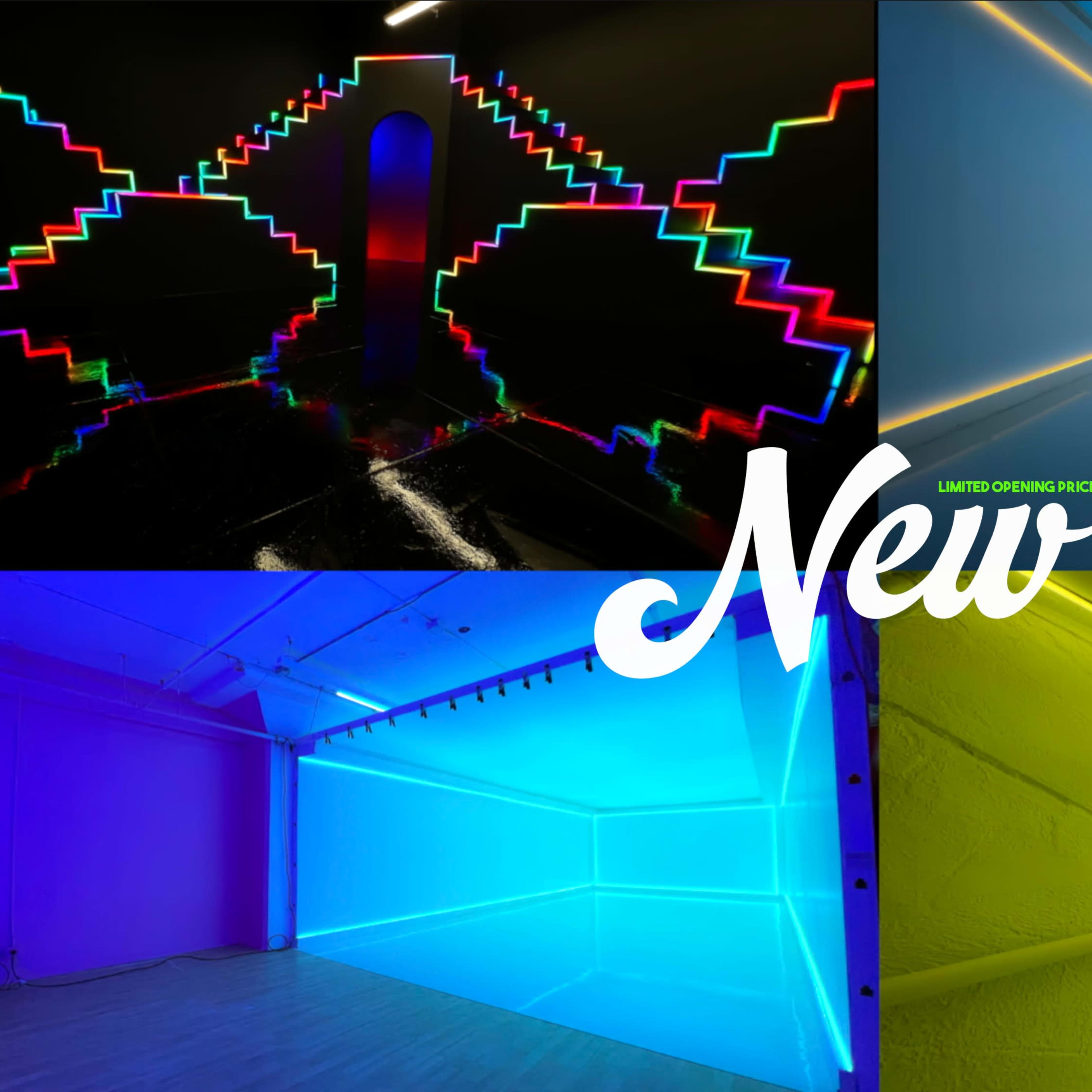 Four distinct rooms with vibrant neon lighting effects, featuring colorful geometric patterns and illuminated walls.