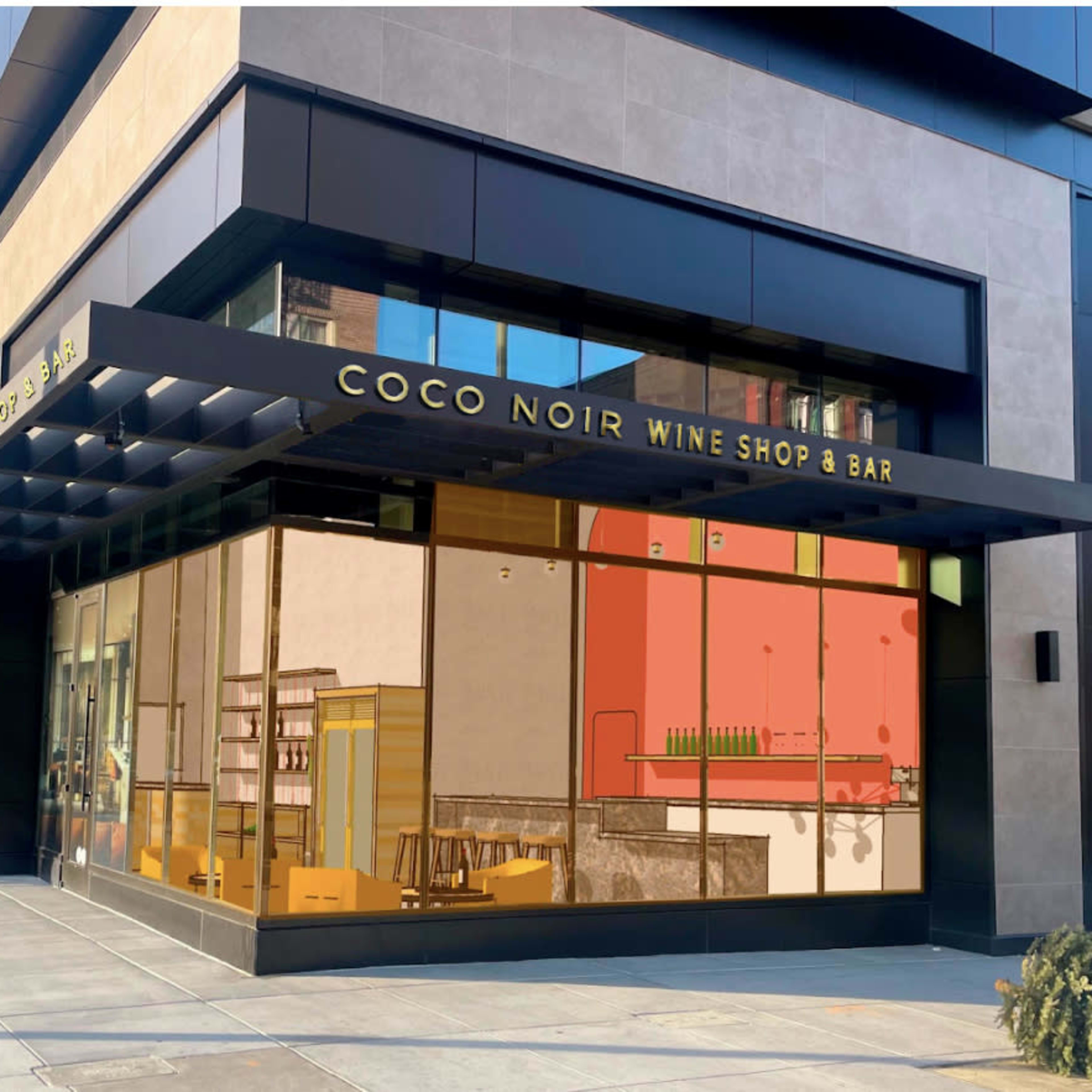 The exterior of a wine shop and bar named "Coco Noir," featuring large glass windows and a modern architectural design.