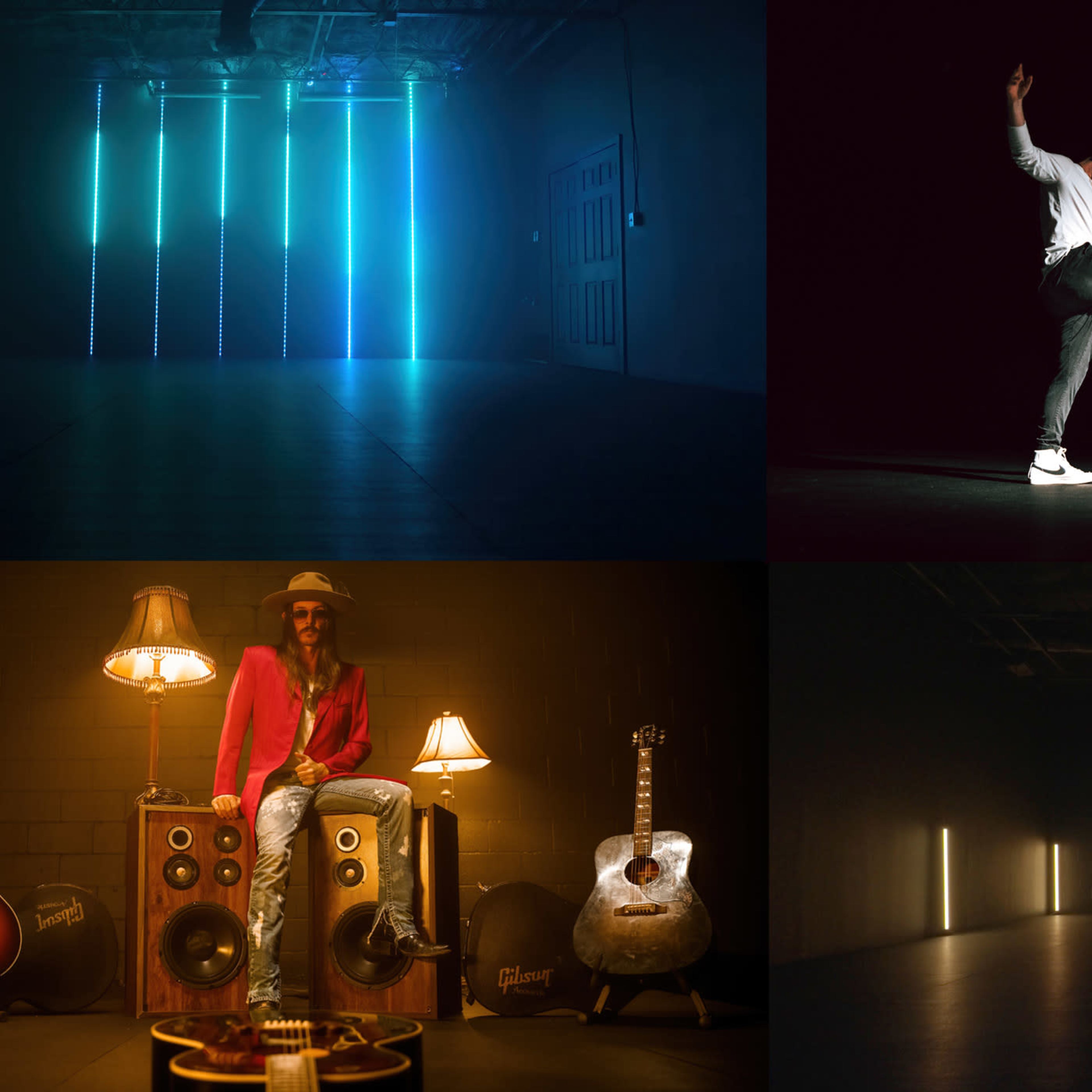 Divided into four sections showing a musician interacting with large speakers, illuminated by colorful lights, alongside acoustic guitars and a lamp in a dimly lit room.
