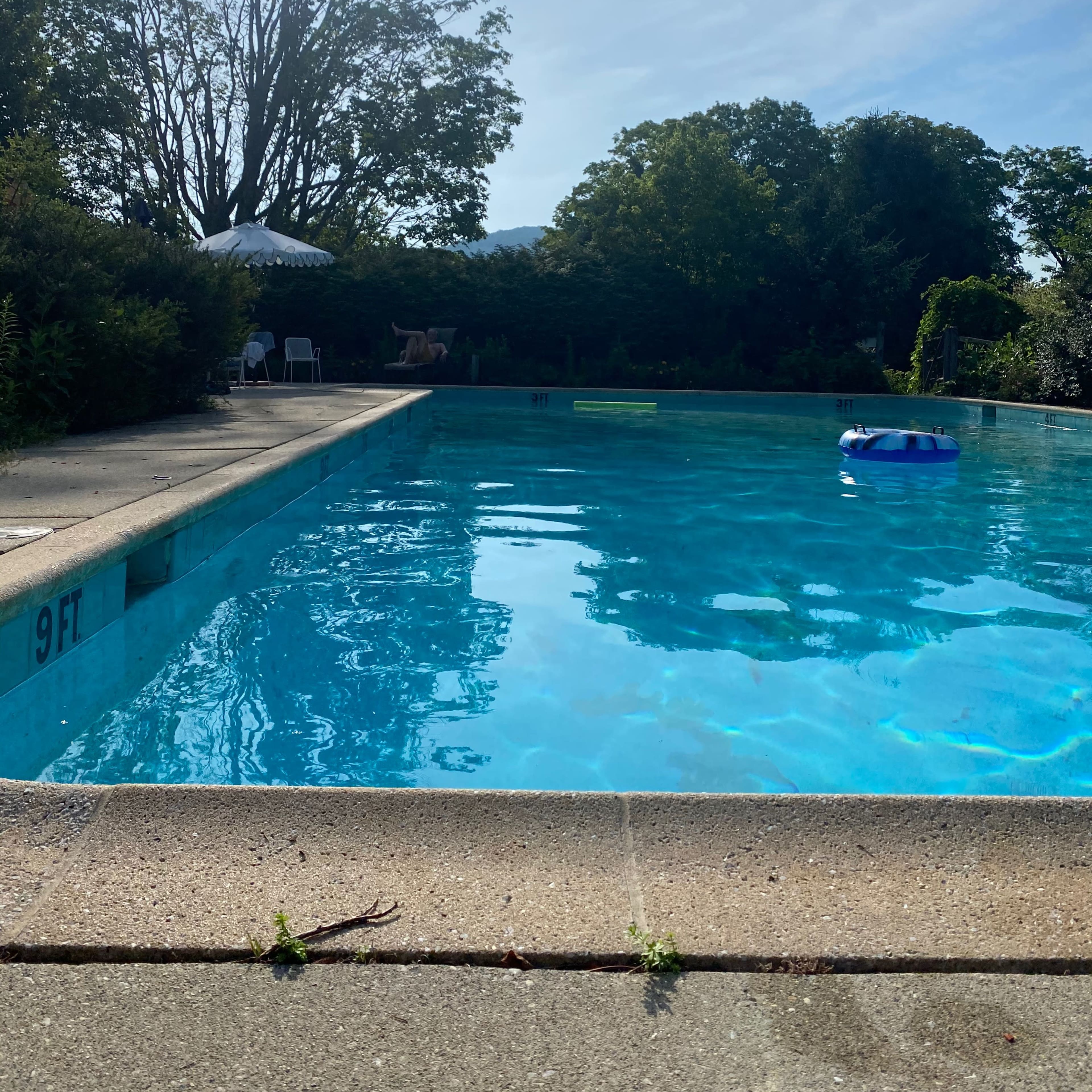 A clear swimming pool is surrounded by trees and lawn chairs, with a floating inflatable in the water.