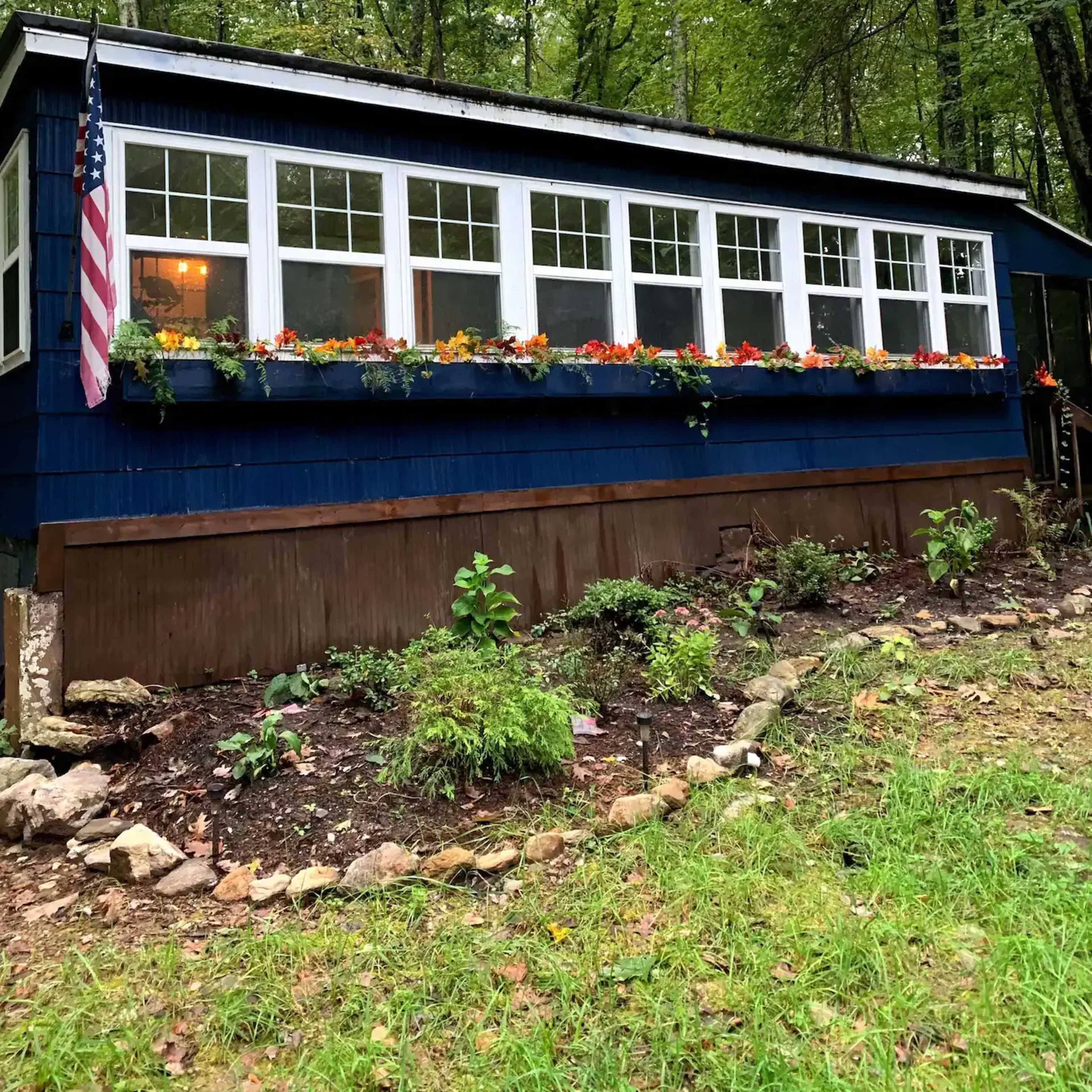 A blue-painted cabin features a long row of windows adorned with flower boxes and is surrounded by a grassy area and trees.