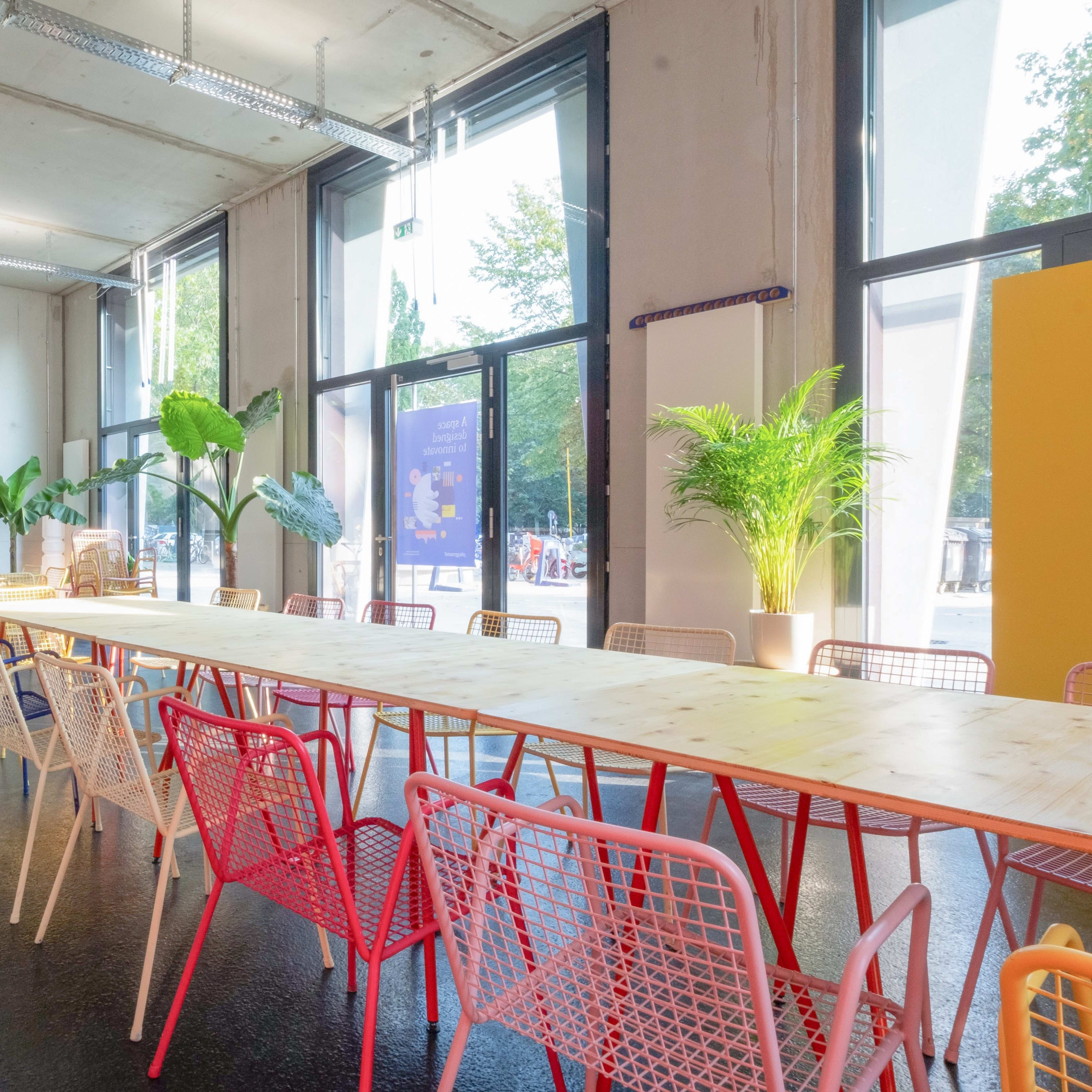 A long table with colorful chairs is set in a well-lit room featuring large windows and plants, with a projector screen at one end.
