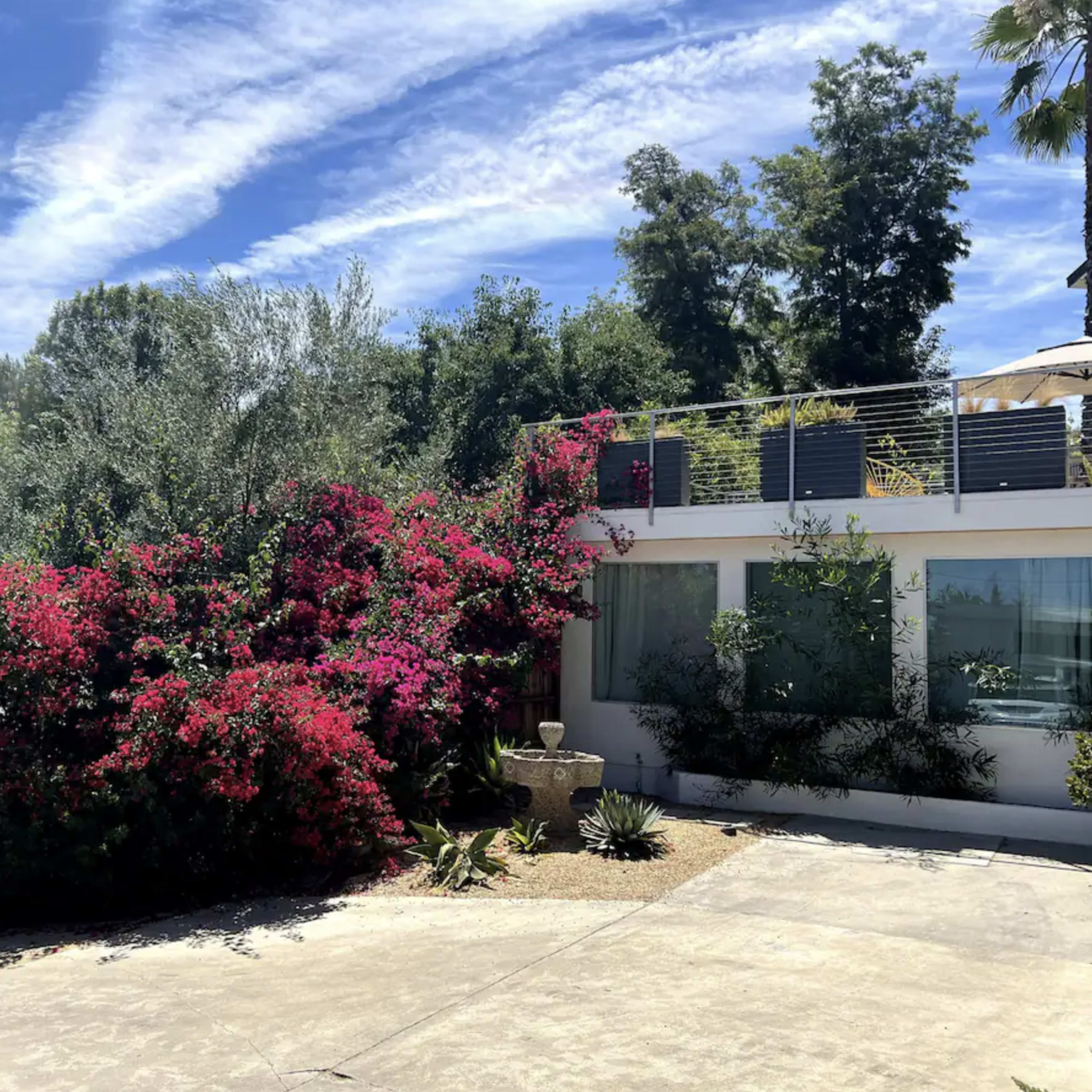 The scene features a modern house surrounded by vibrant bougainvillea and lush greenery under a blue sky with wispy clouds.