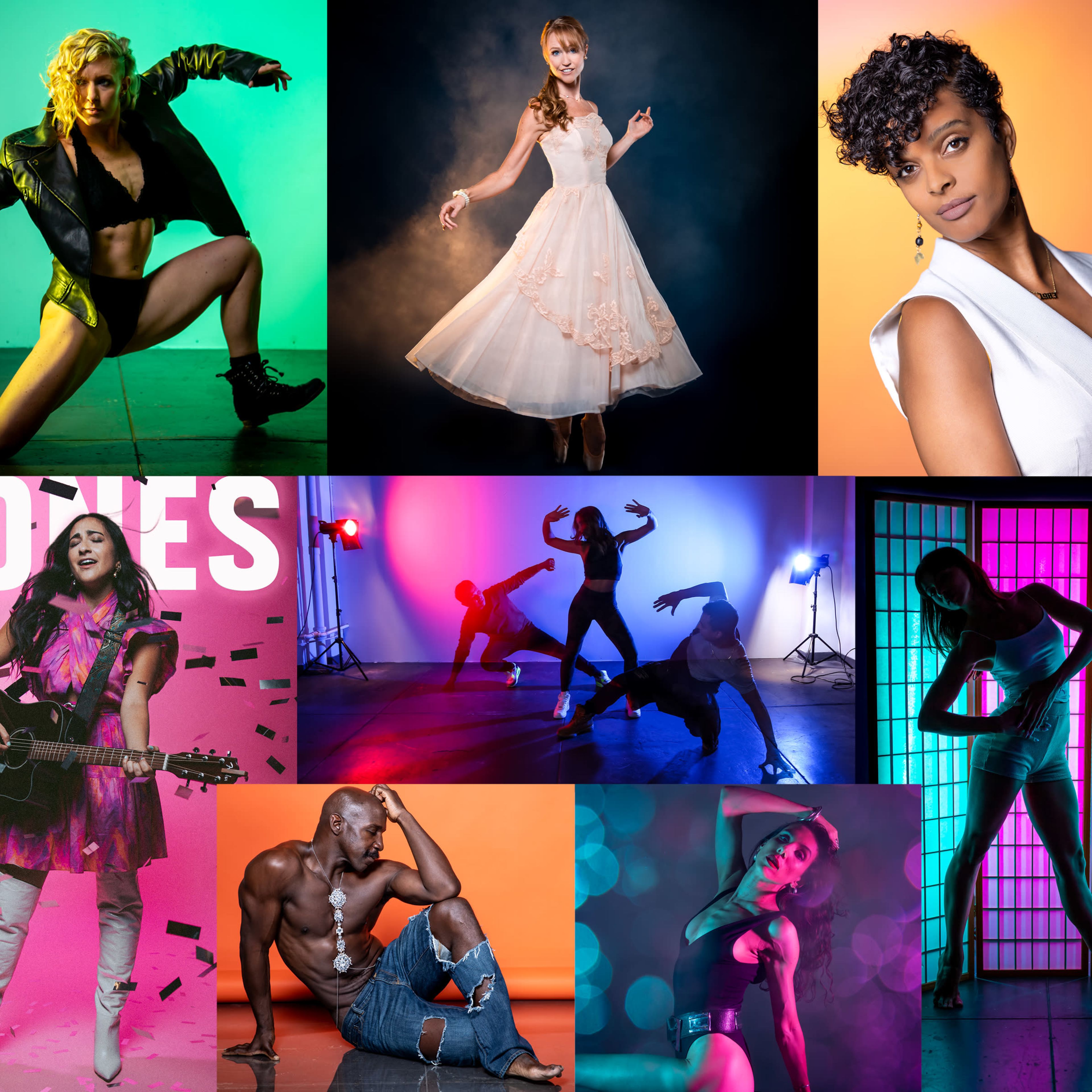 Various individuals posing in diverse styles against colorful backdrops, showcasing a mix of fashion and performance art.