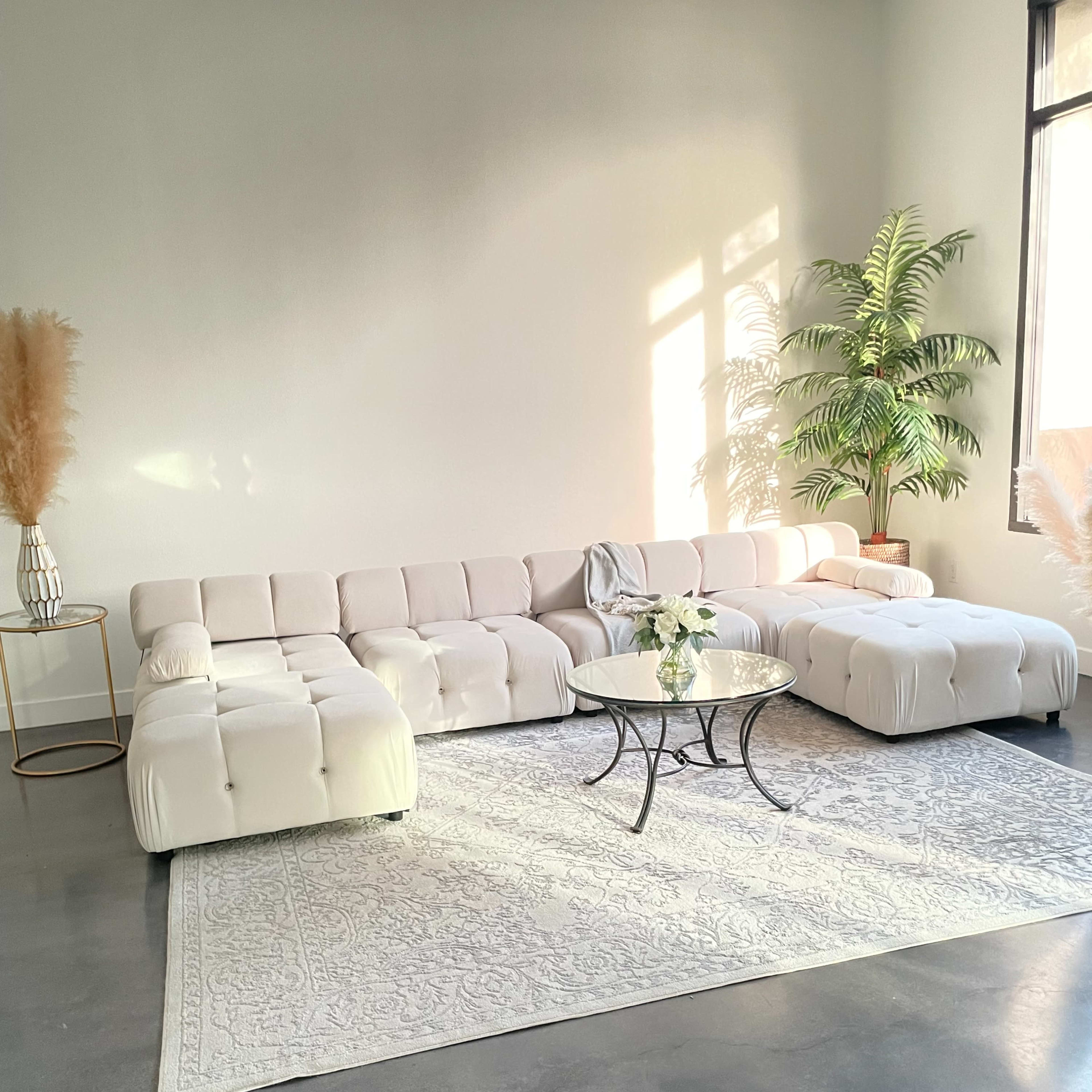 A light-colored sectional sofa with a decorative rug sits on a polished concrete floor, accompanied by a glass coffee table and a potted plant.