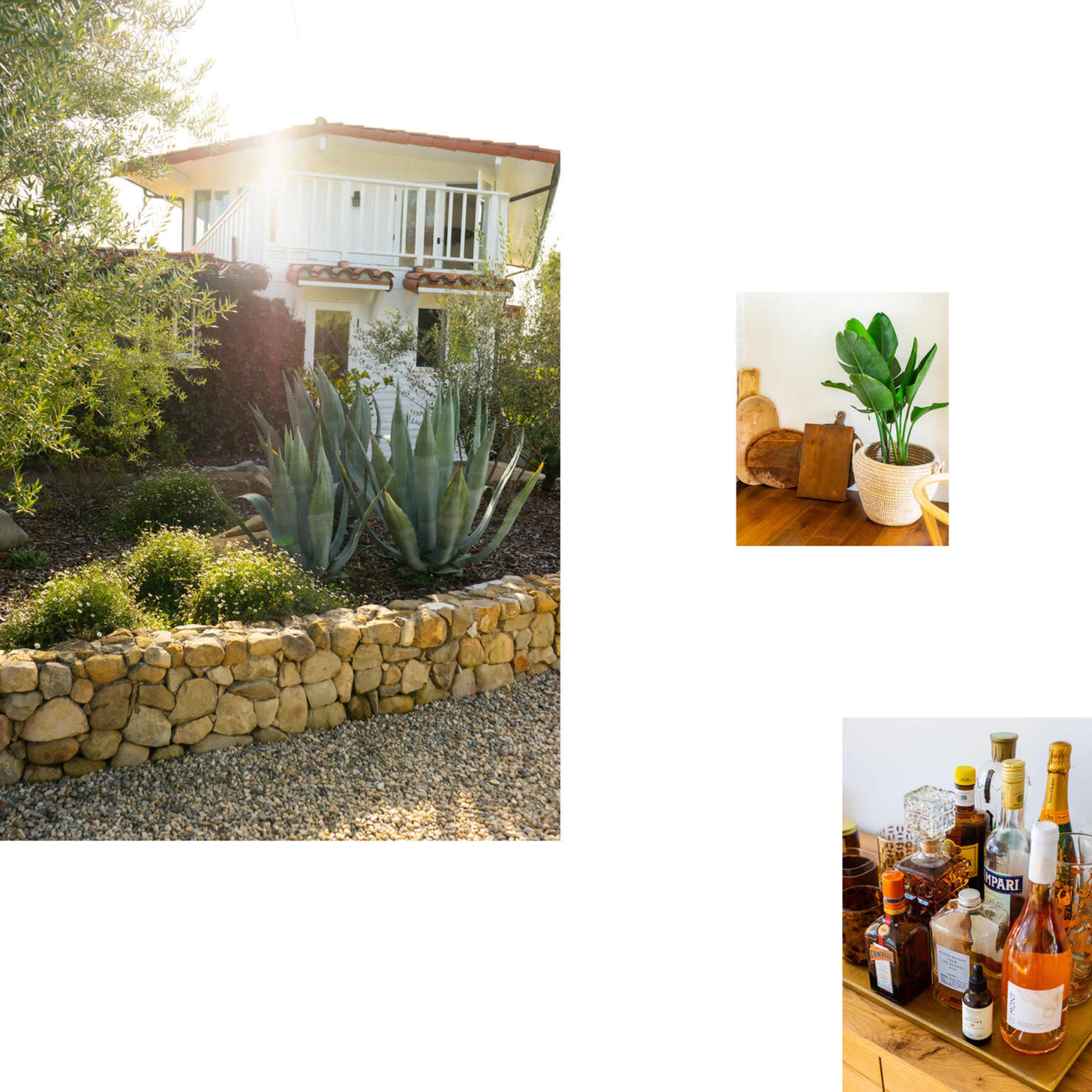 A house with a balcony surrounded by greenery and a stone wall, along with two smaller images of a potted plant and a well-stocked bar displaying various bottles.
