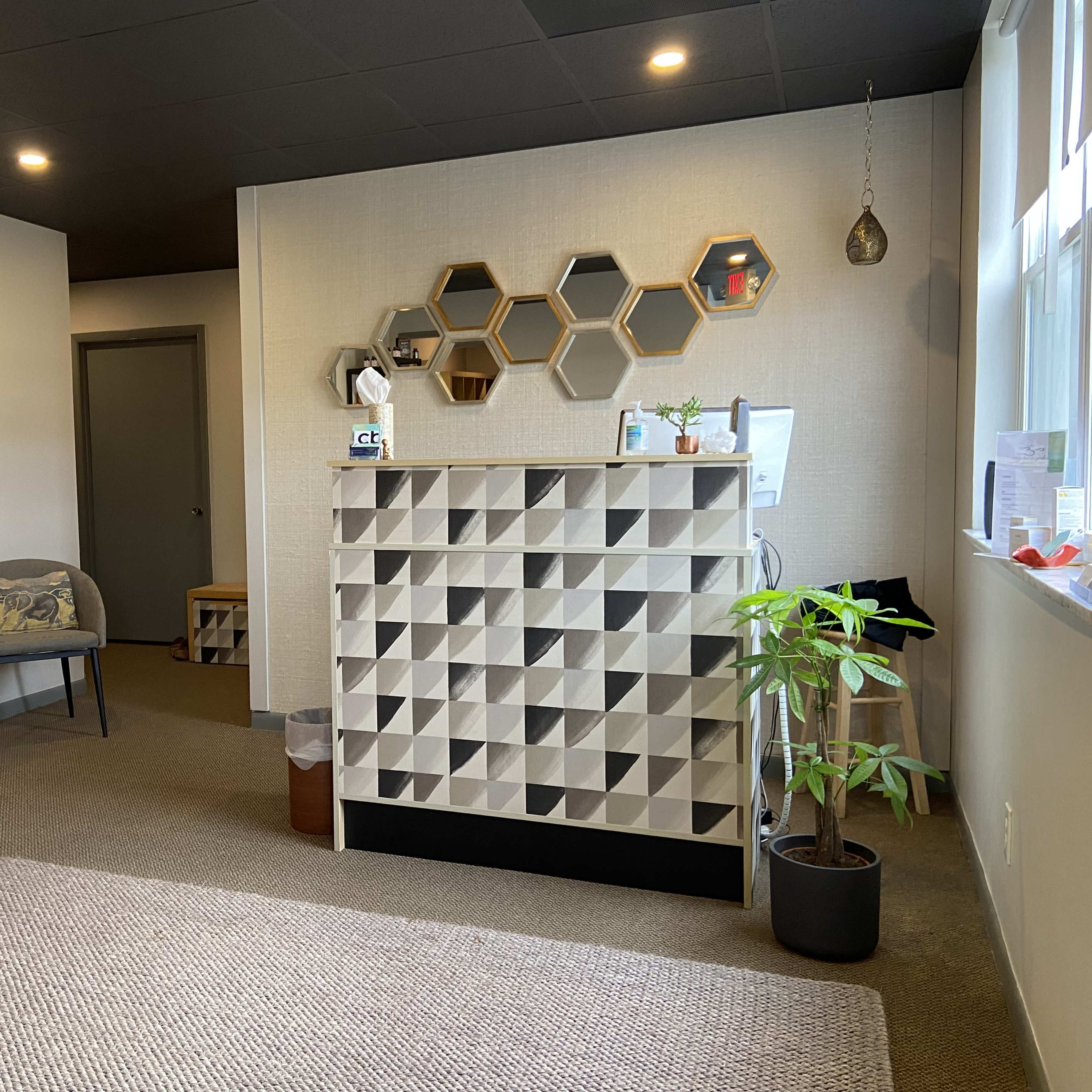 A reception area with a geometric-patterned front desk, two chairs, a small potted plant, and decorative mirrors on the wall.