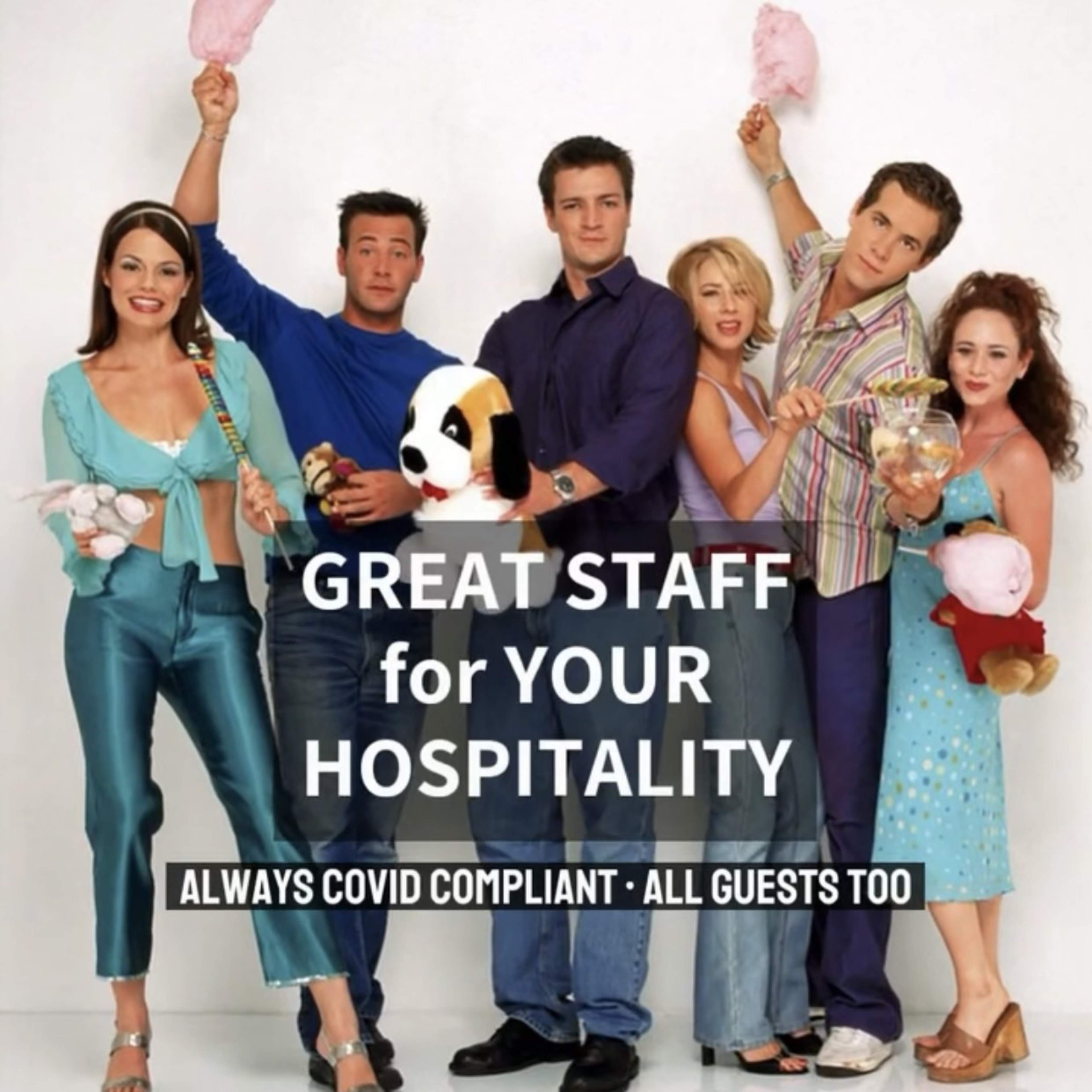 A group of six people, holding playful props like cotton candy and a stuffed animal, poses together in casual clothing with a promotional message about hospitality.