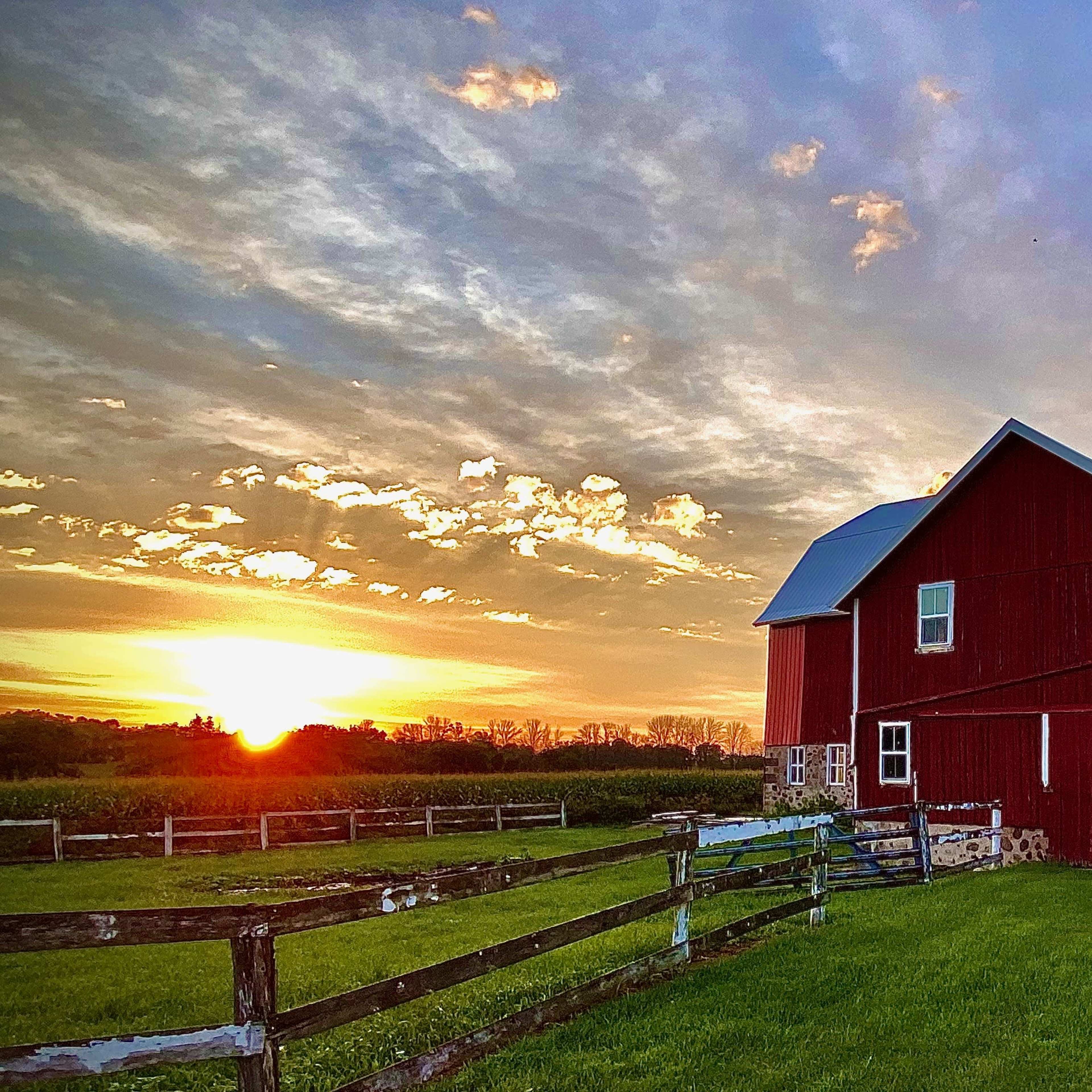 A red barn stands in a green field under a cloudy sunset sky.