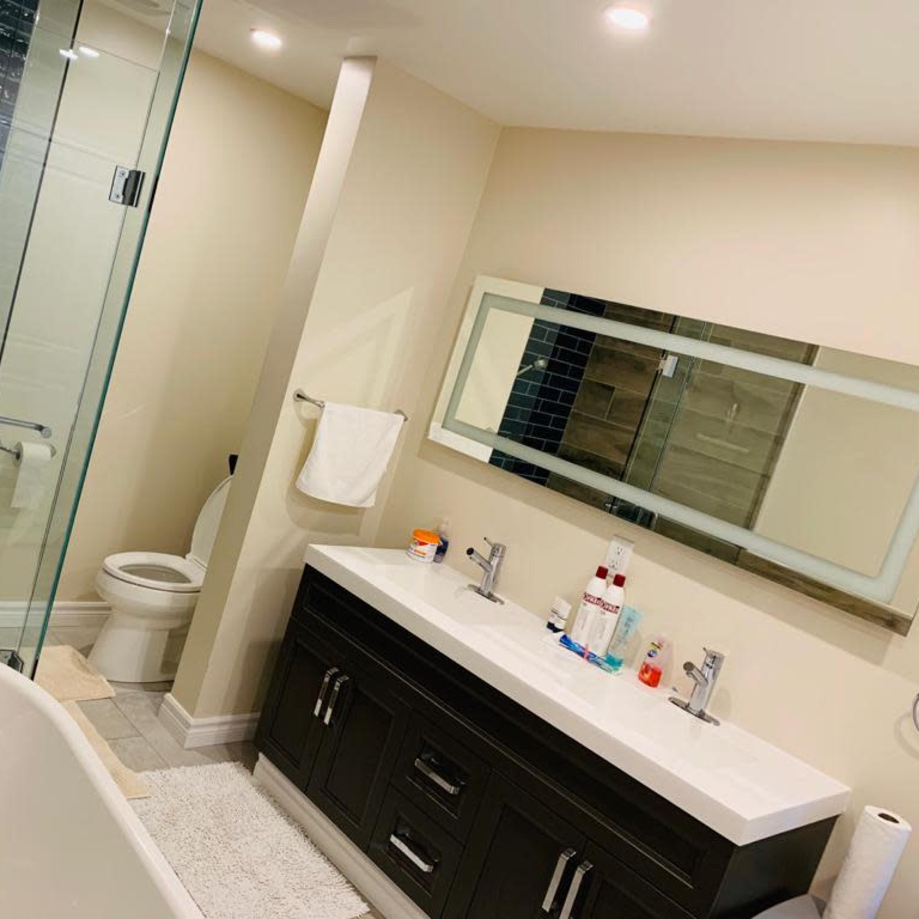 A modern bathroom featuring a glass shower, a freestanding bathtub, a double sink vanity with storage, and a toilet in a well-lit space.