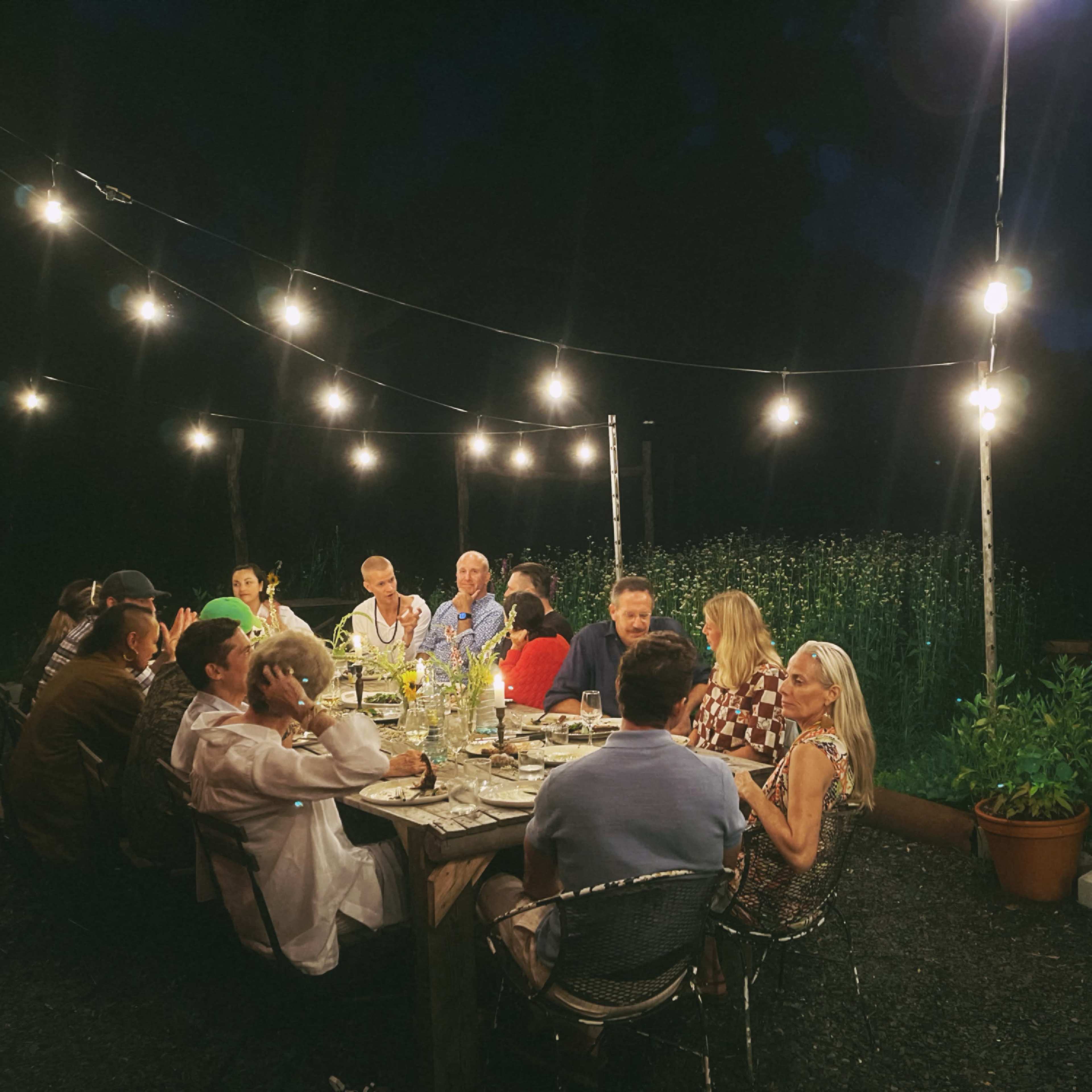 A group of people sits around a long dining table illuminated by string lights in a garden at night.