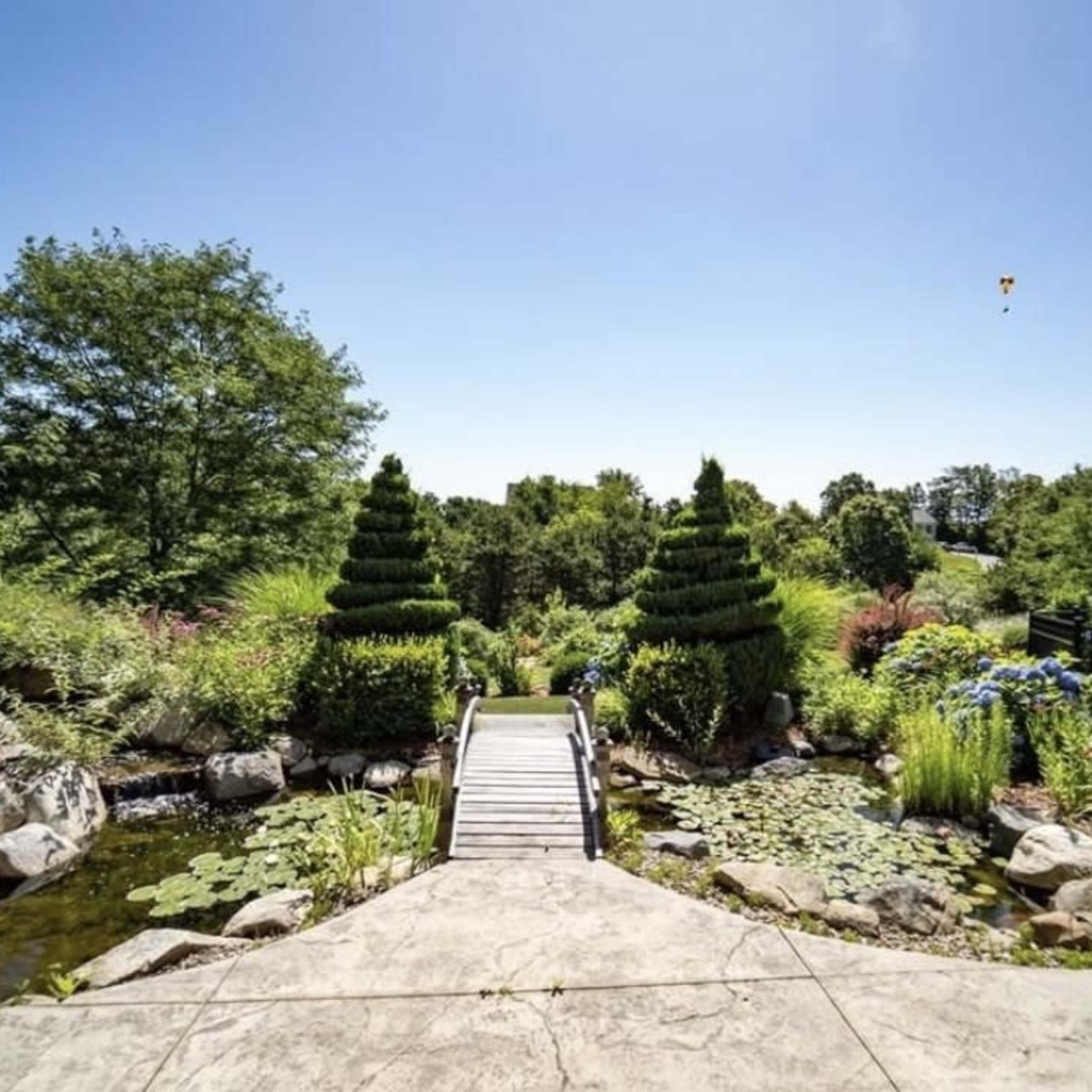 A wooden bridge leads over a pond surrounded by manicured greenery and topiary trees against a clear blue sky.