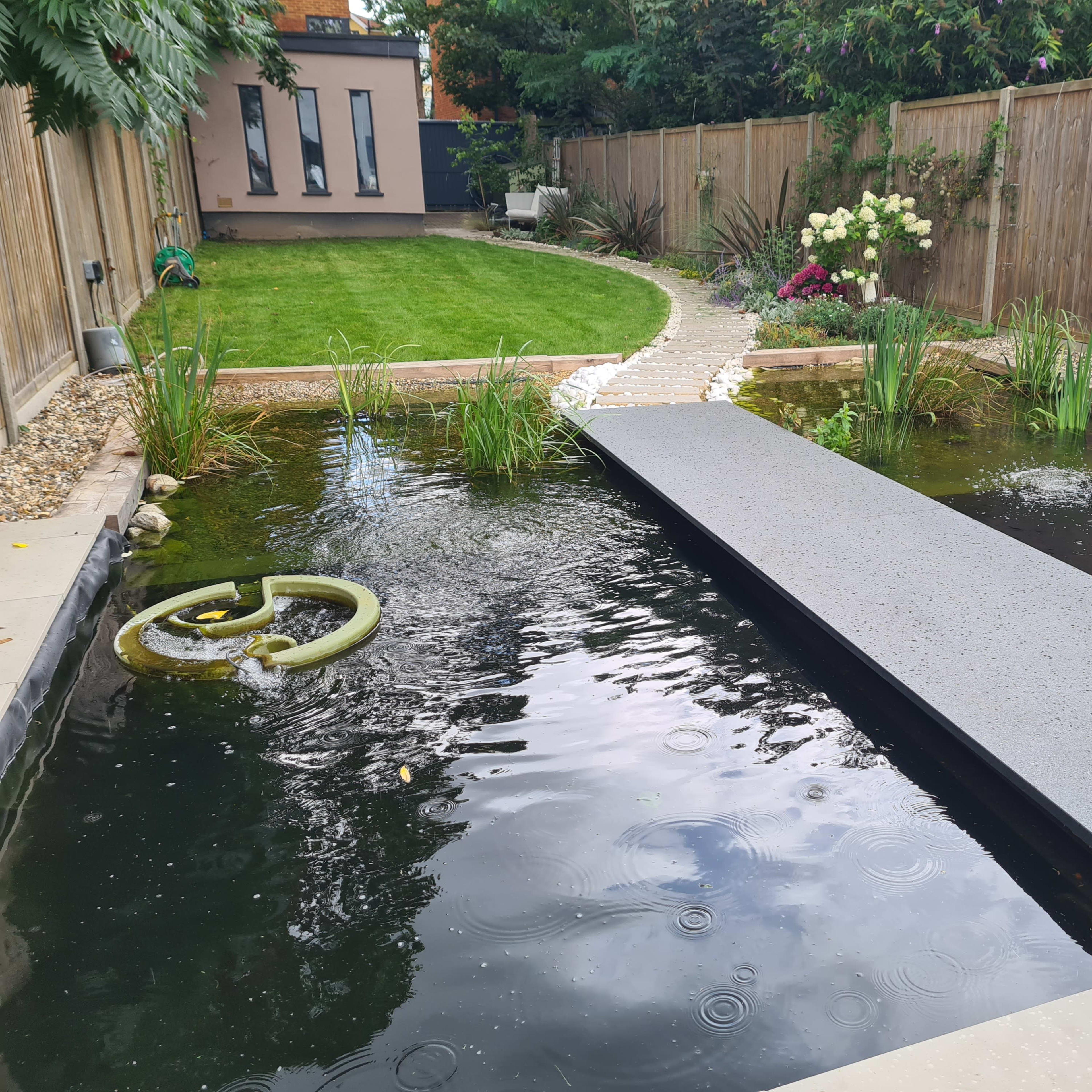 A landscaped backyard featuring a pond with a flat walkway over it, bordered by plants and a neatly mowed lawn in the background.