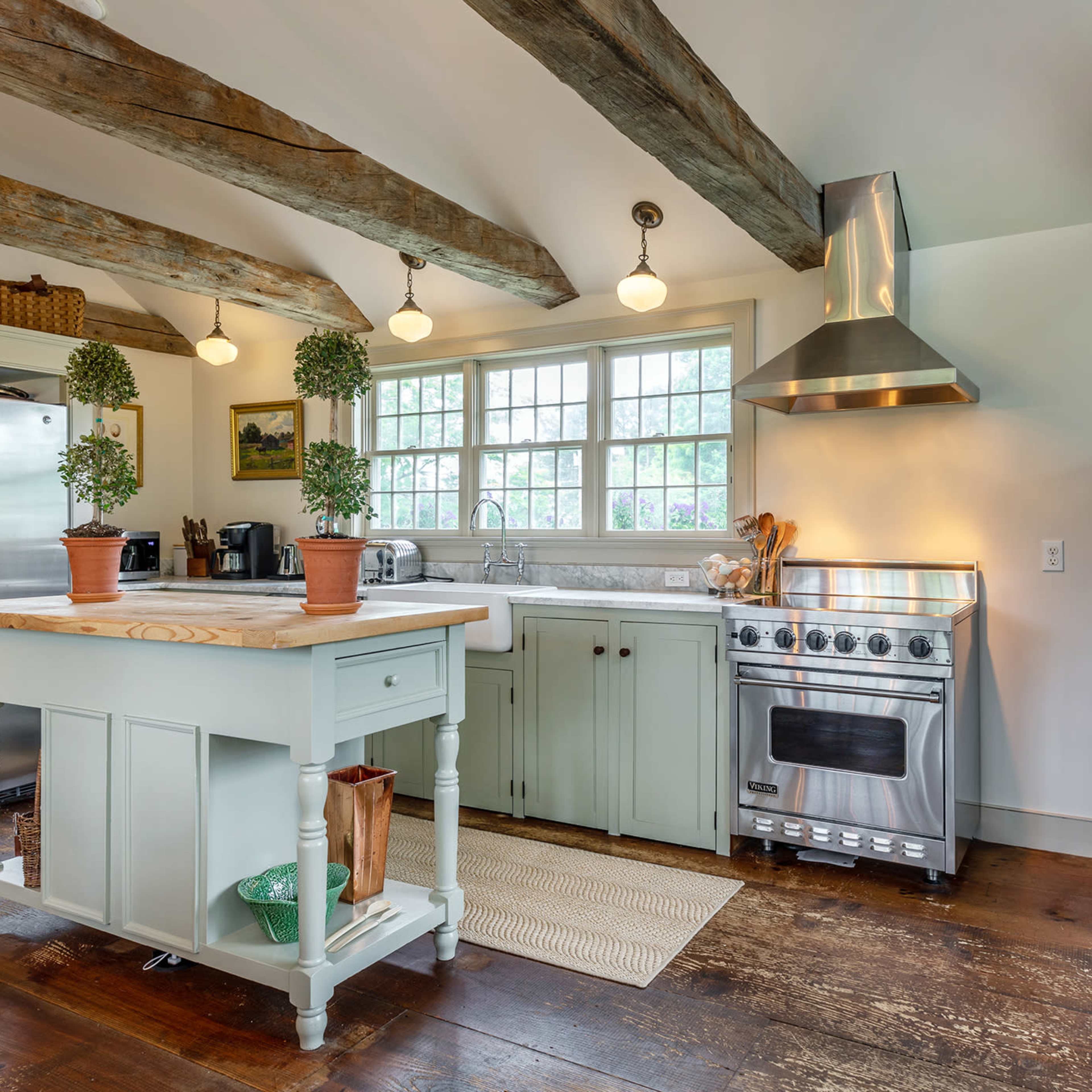 A kitchen with wooden beams, modern appliances, and a central island with potted plants.