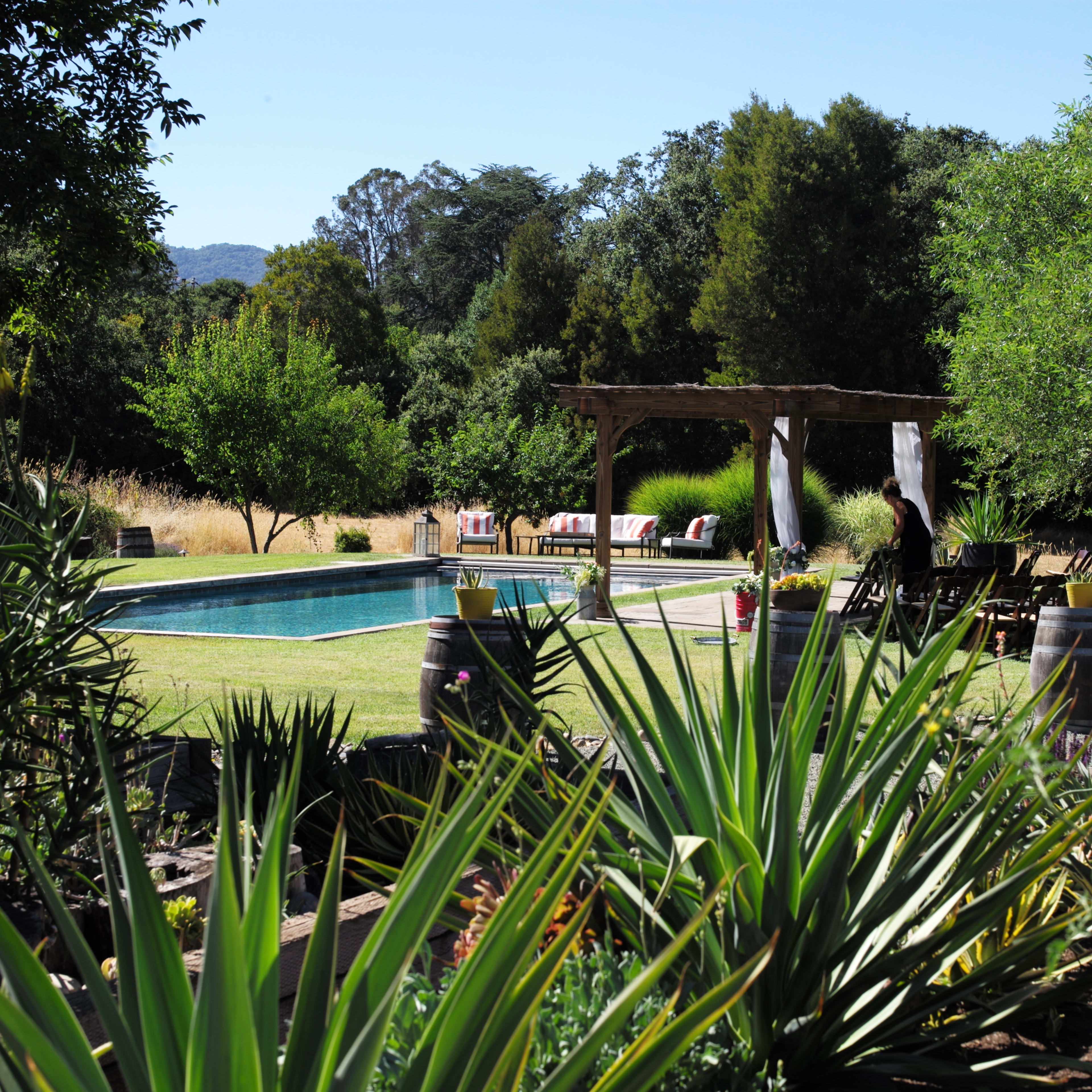A backyard pool surrounded by lush greenery and seating areas under a wooden pergola.