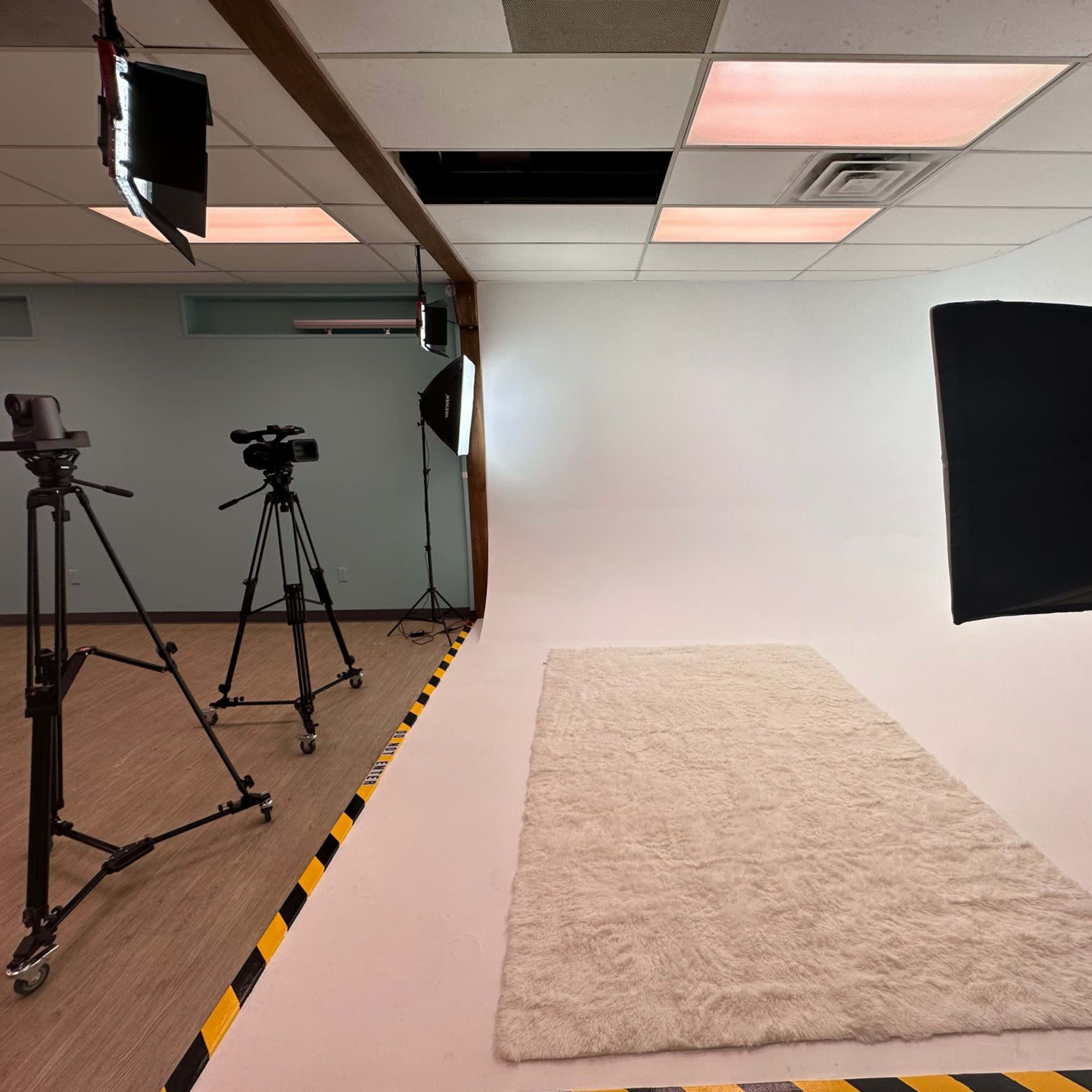 A photography studio setup with two cameras on tripods and softbox lights facing a plain white backdrop with a rug on the floor.