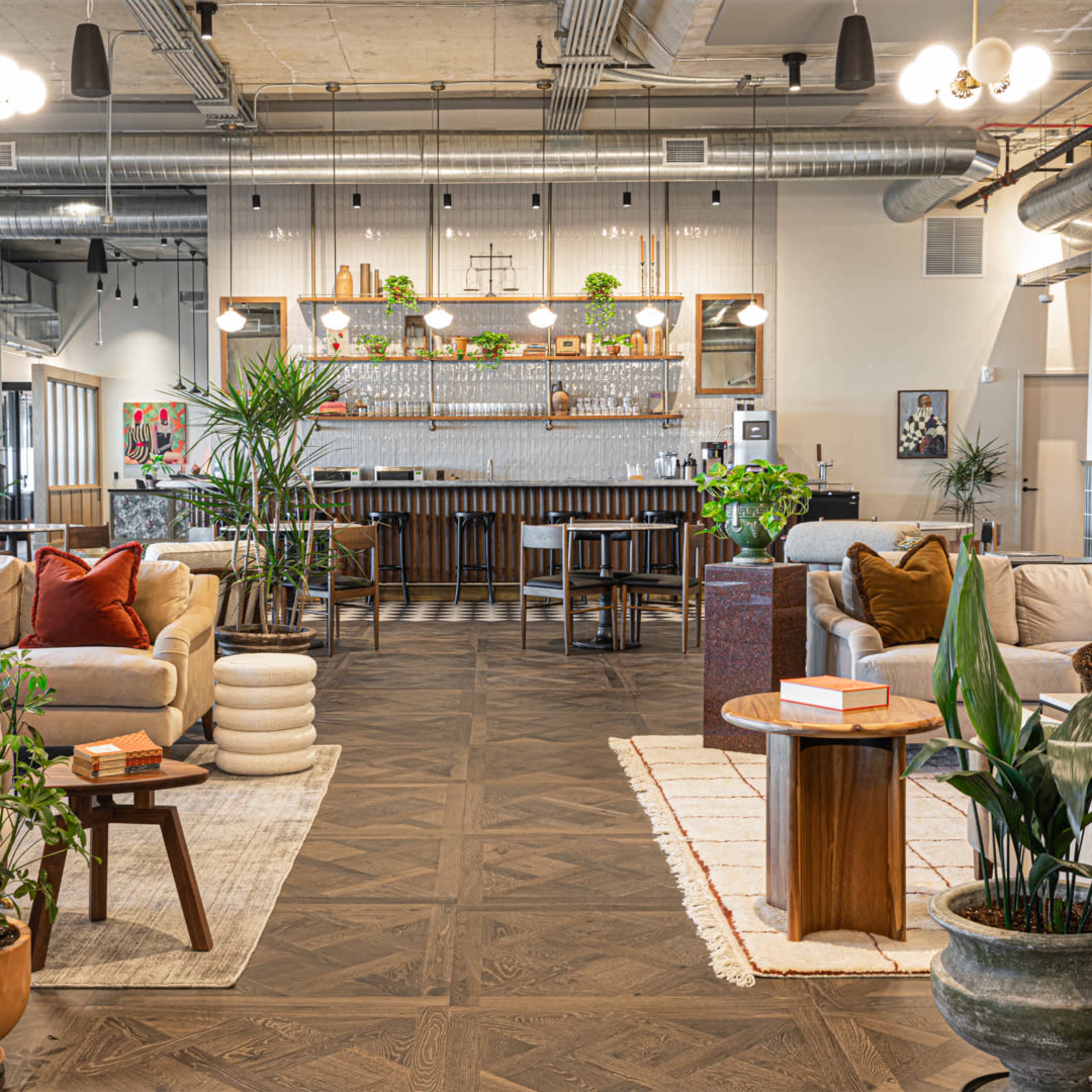 A modern lounge area with seating arrangements, a bar in the background, and various indoor plants.