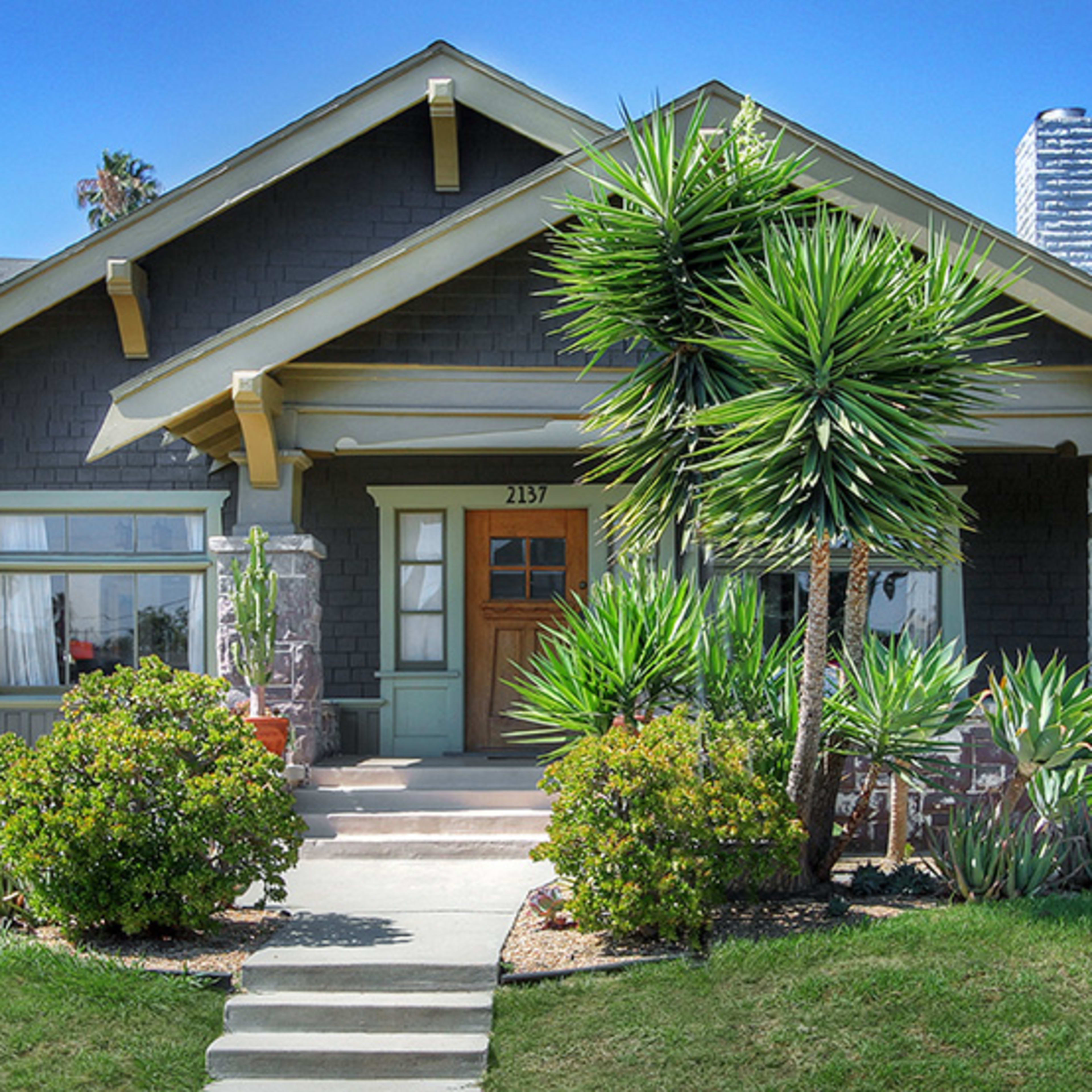 A gray bungalow with a front porch and two palm-like plants flanking the entrance.