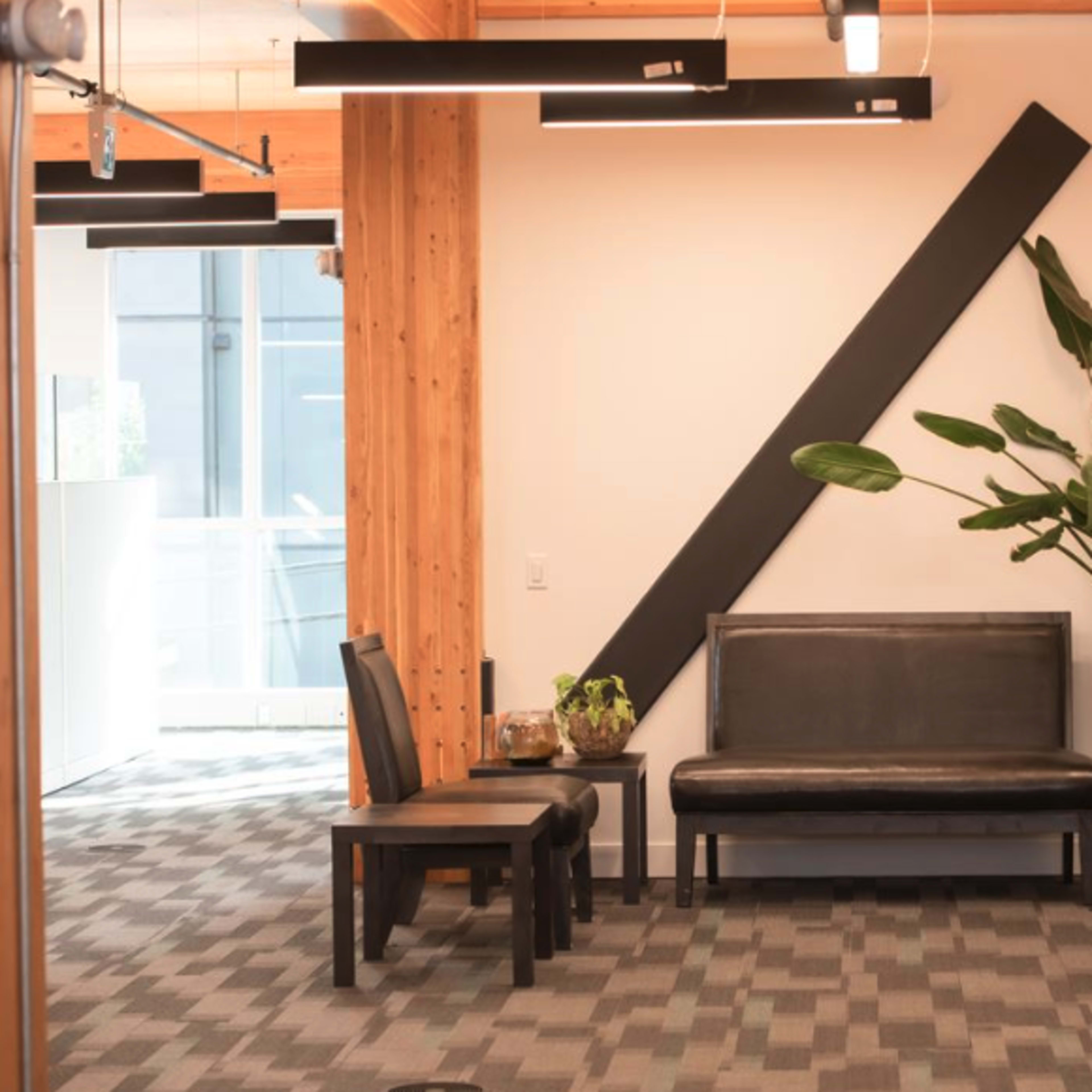 A modern office waiting area with a black bench, two chairs, a potted plant, and a dark cabinet against a light wall.