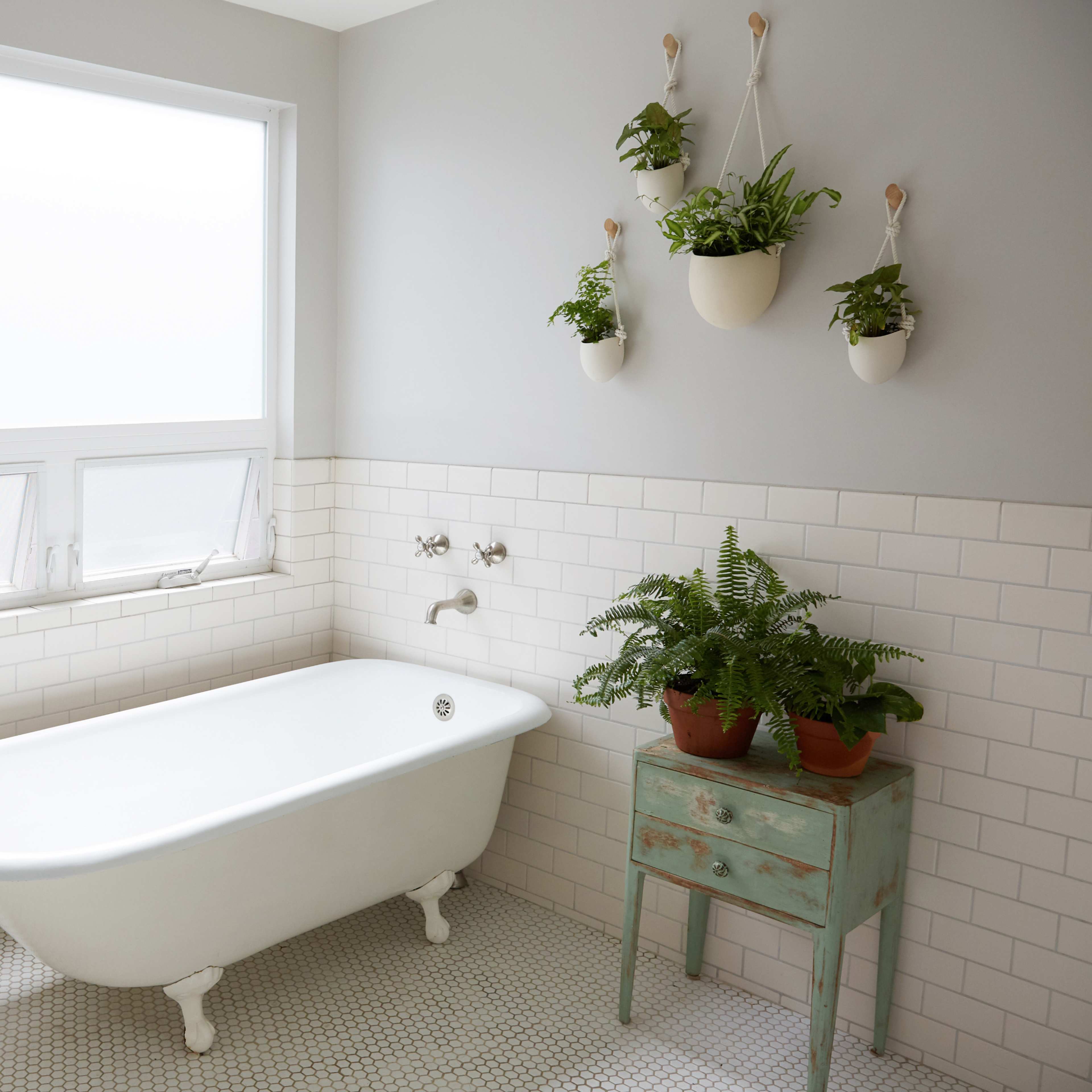 A modern bathroom featuring a freestanding bathtub, a glass shower enclosure, and plants in wall-mounted pots.