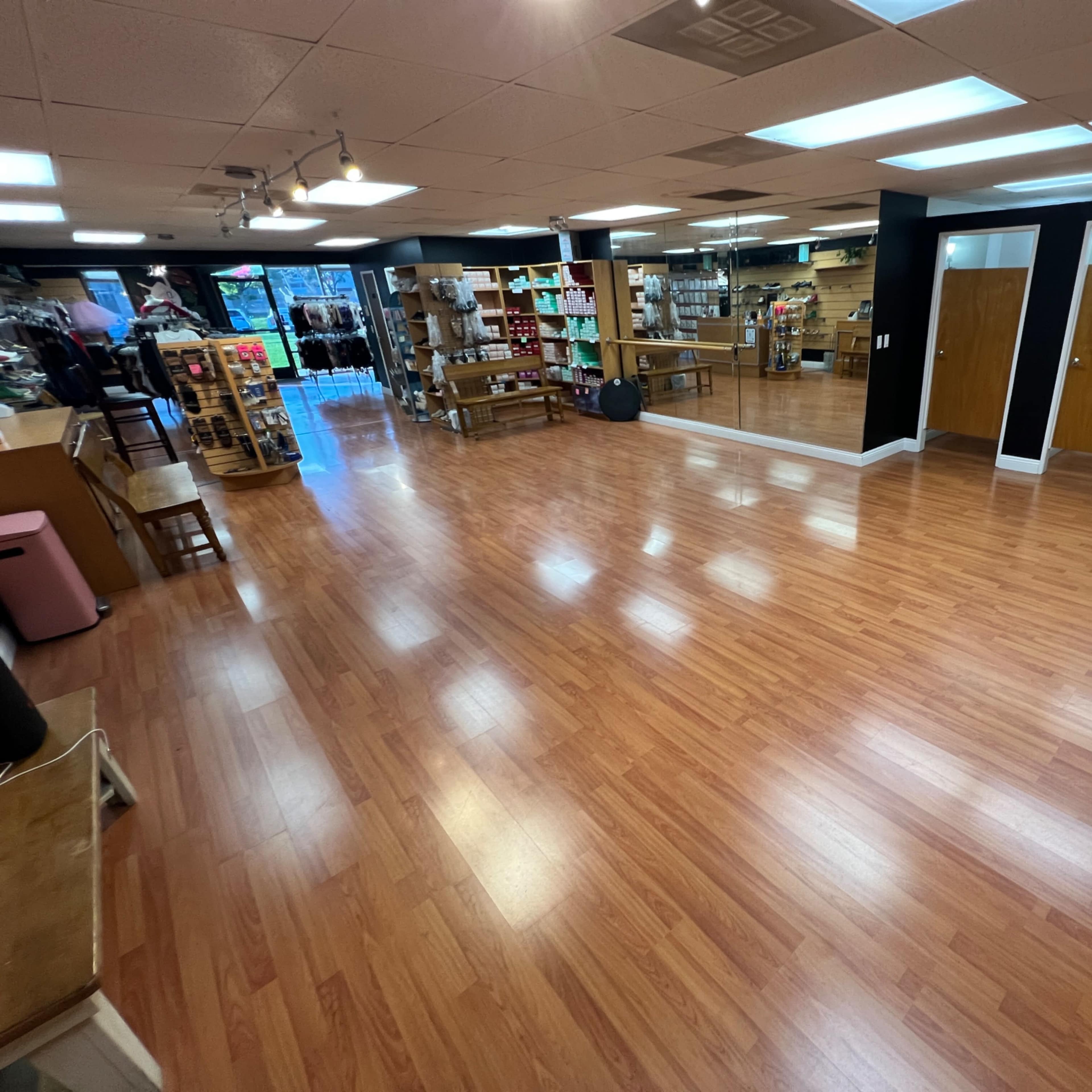 Intimate dance studio or photoshoot space at the back of Atomic Dancewear Store Image in Irvine Business Complex, Irvine, CA