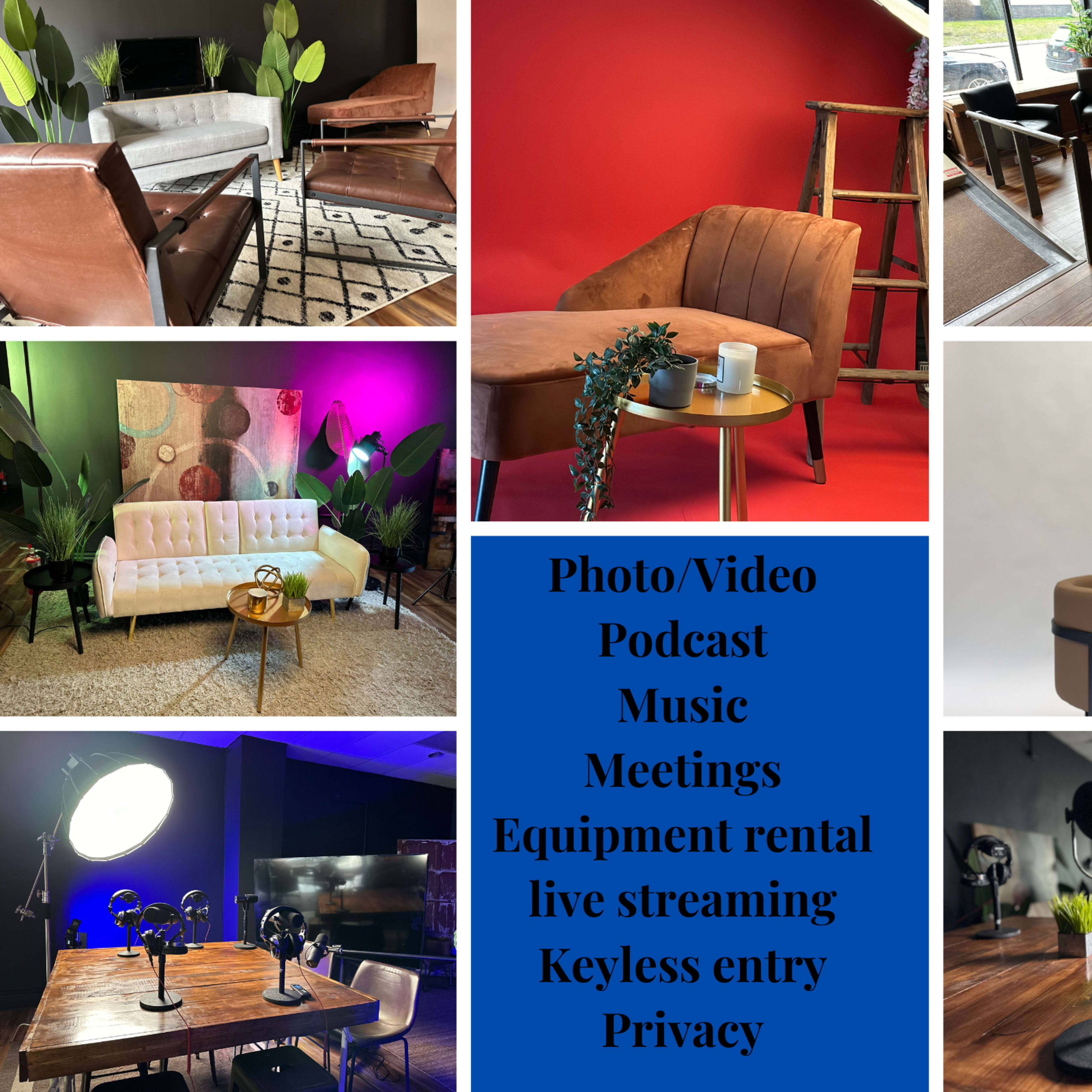A variety of indoor spaces designed for multimedia use, featuring different seating arrangements and setups for video and audio production.