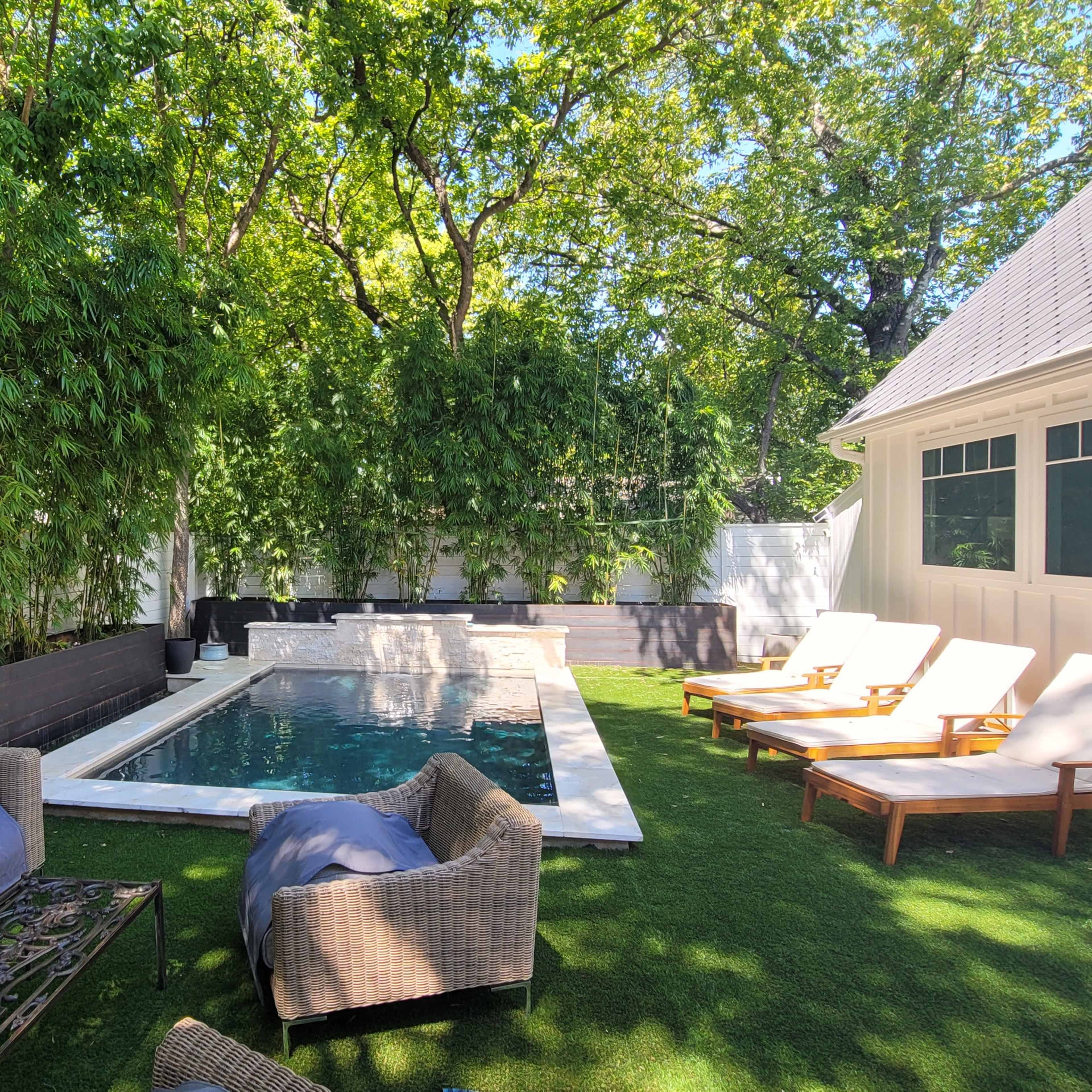 A backyard with a pool surrounded by green plants and lounge chairs on a grassy area.
