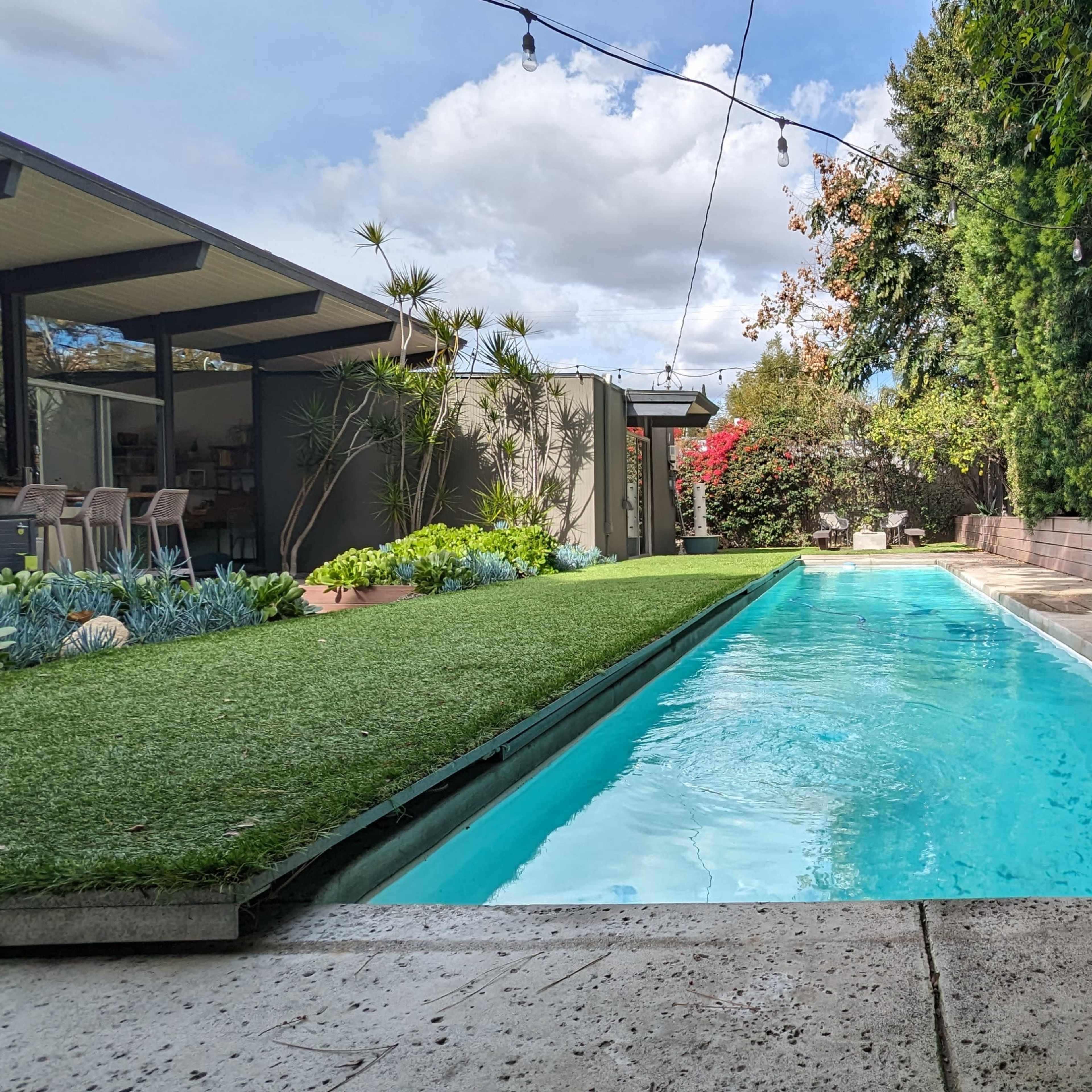 A narrow swimming pool alongside a green lawn and well-maintained garden, with a modern house in the background.