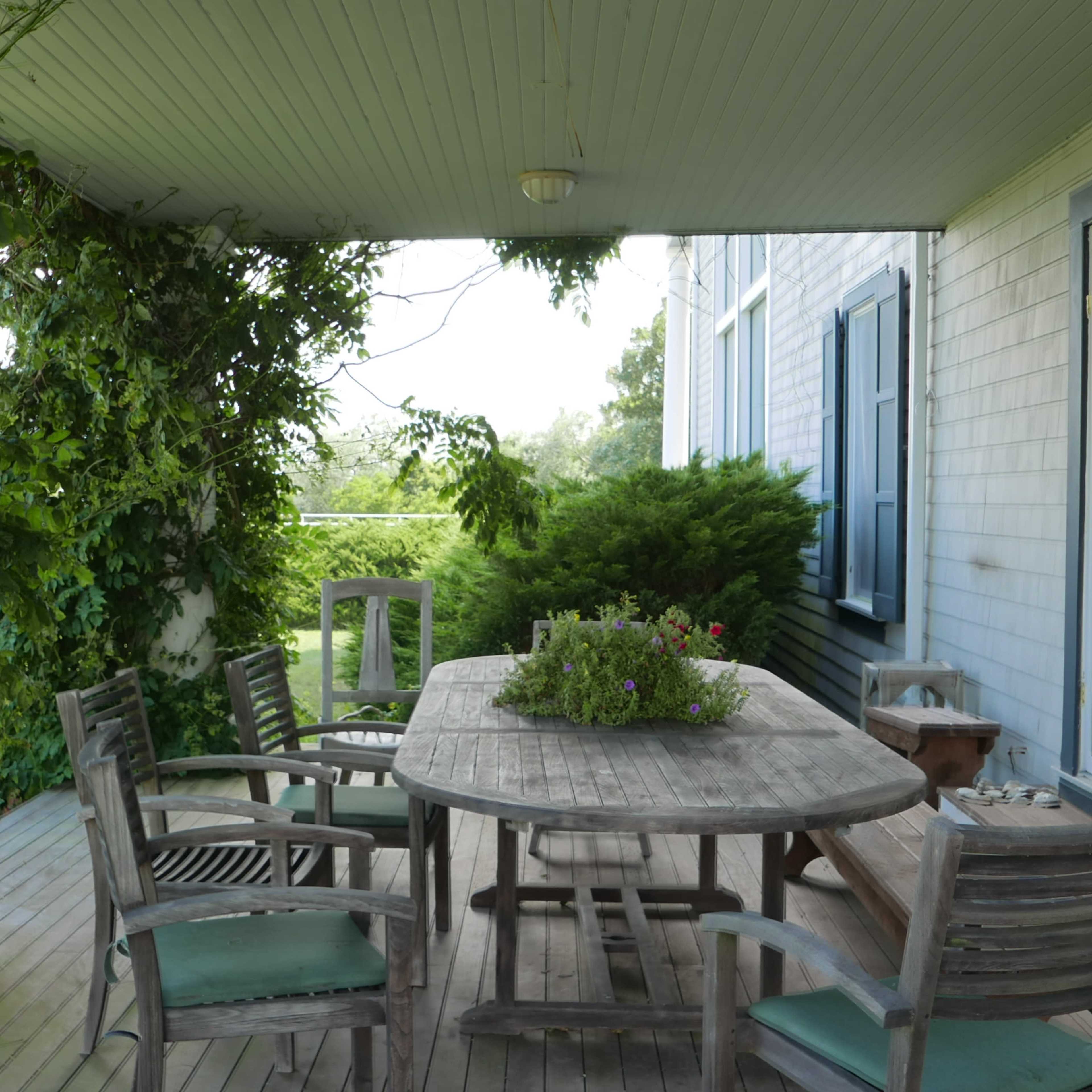 A wooden deck features a round table surrounded by chairs, with lush greenery and a potted plant nearby.