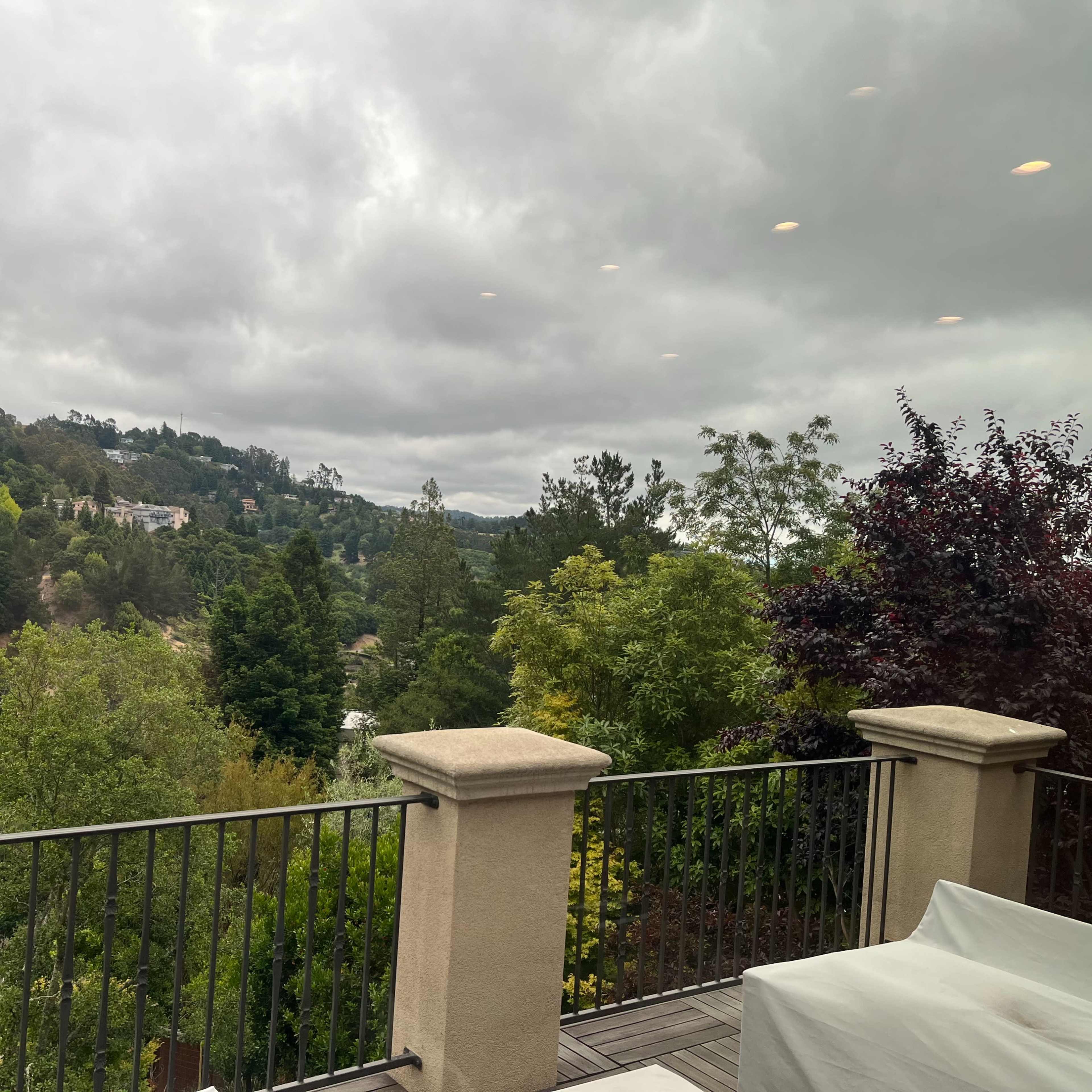 A balcony overlooking a green hillside with trees under an overcast sky.