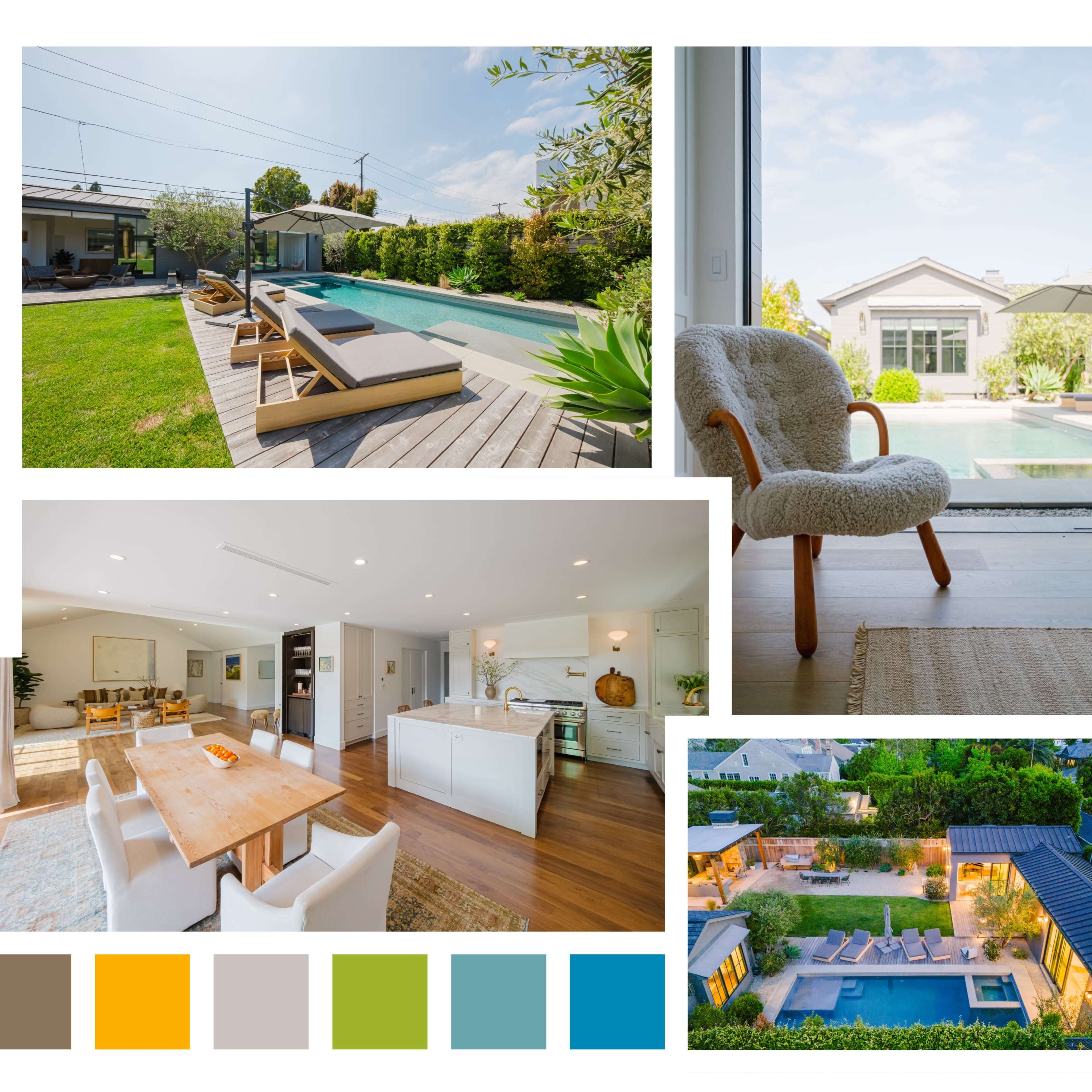A collage of various scenes from a modern house featuring a swimming pool, living spaces, and a well-maintained garden.