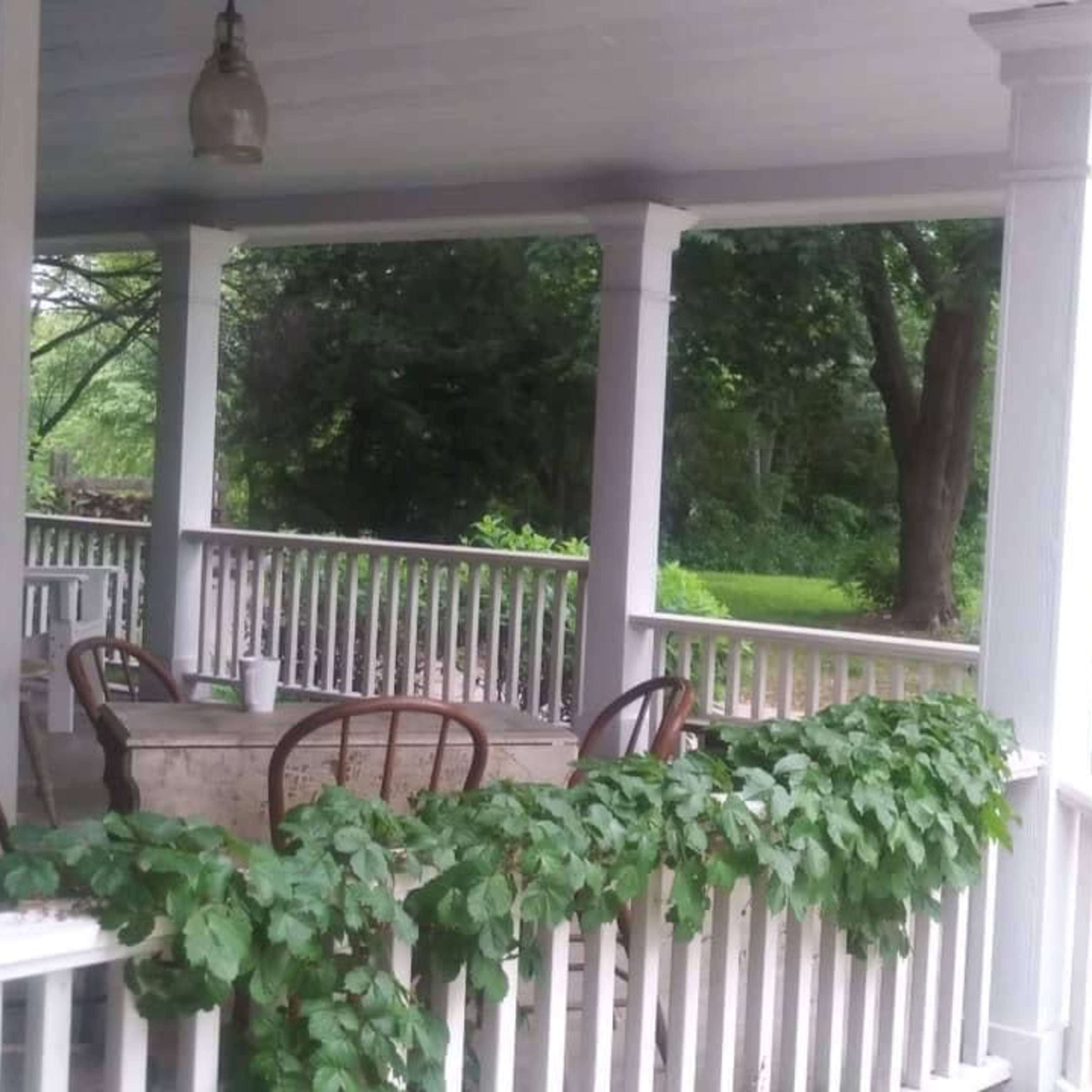 A porch with a table and chairs is surrounded by greenery and supported by white columns.