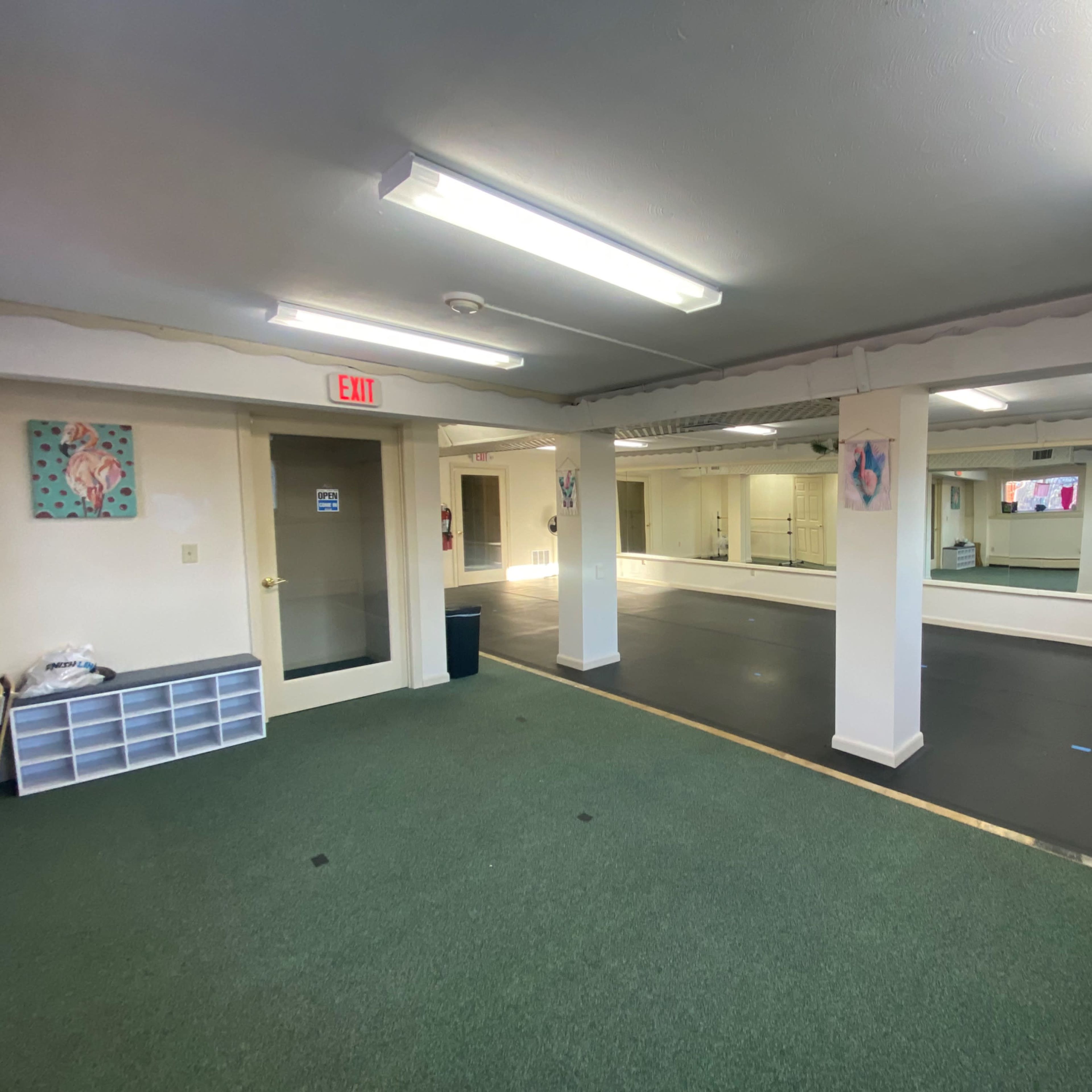 A spacious room with green carpet, fluorescent lighting, and mirrored walls, used for activities such as dance or fitness.