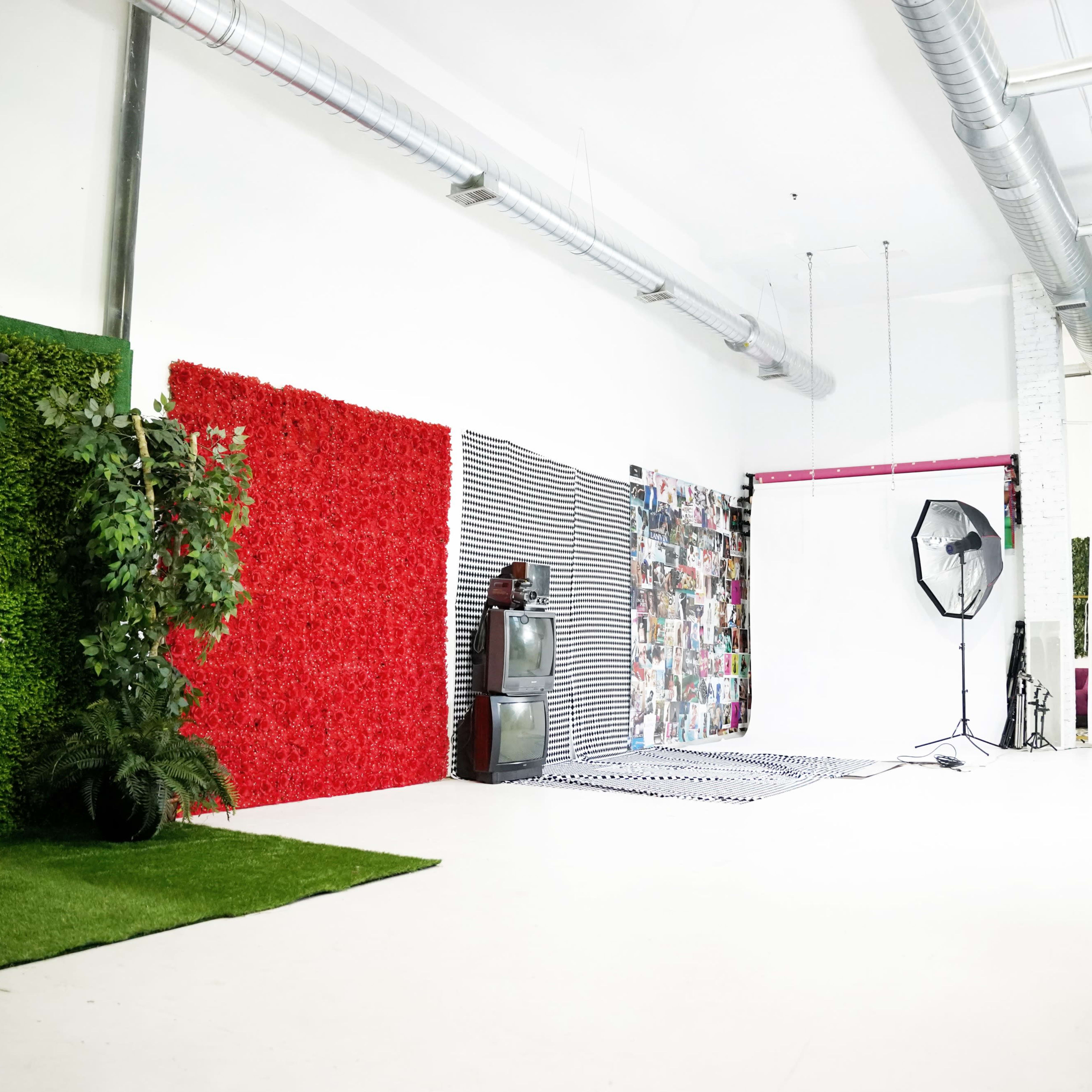 A spacious studio interior with various backdrops, including a green hedge, a red floral wall, and a striped wall, along with photography equipment and props.