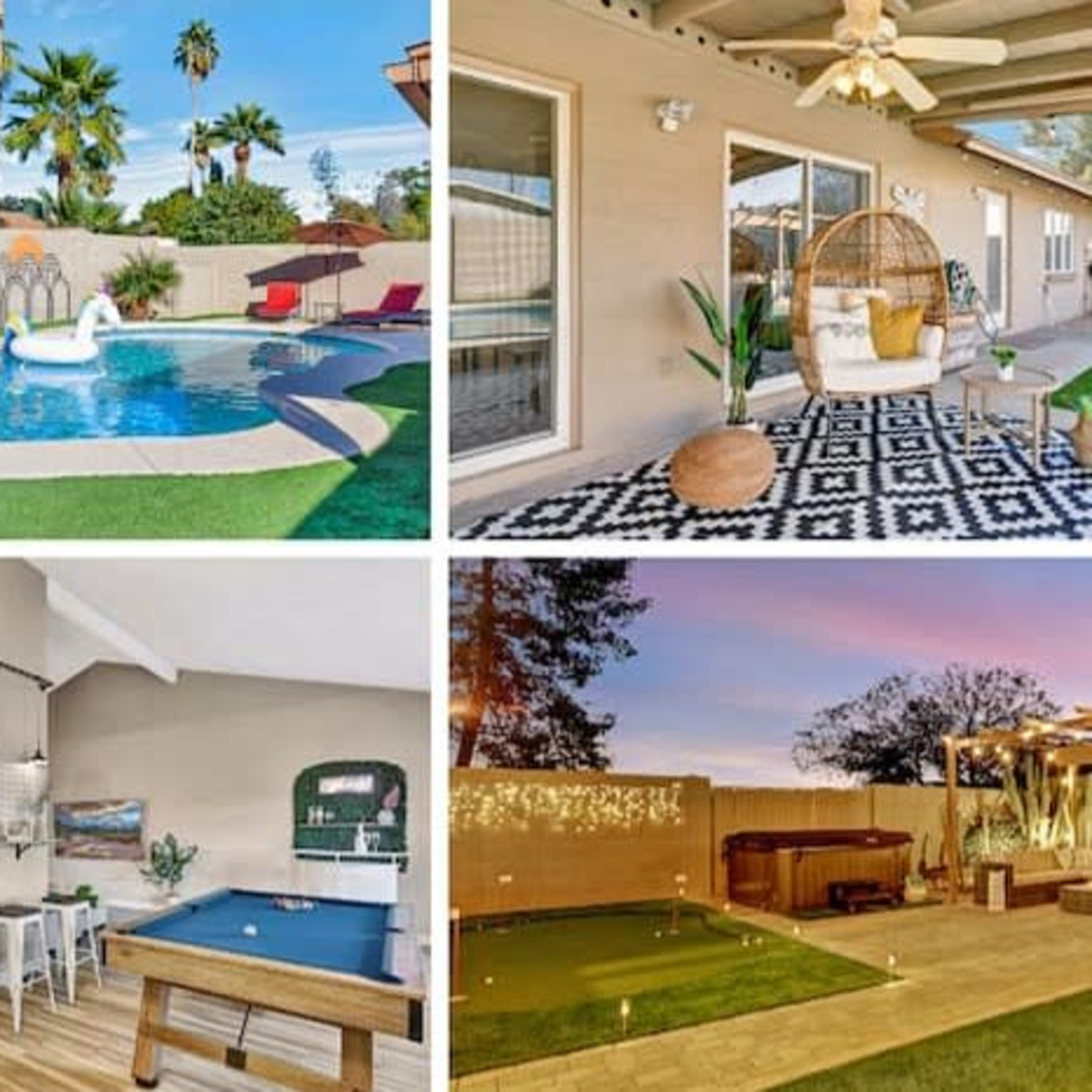 Four views of a residential property, featuring a swimming pool with loungers, a comfortable seating area, a game room with a pool table, and an outdoor space with a hot tub and decorative lighting.