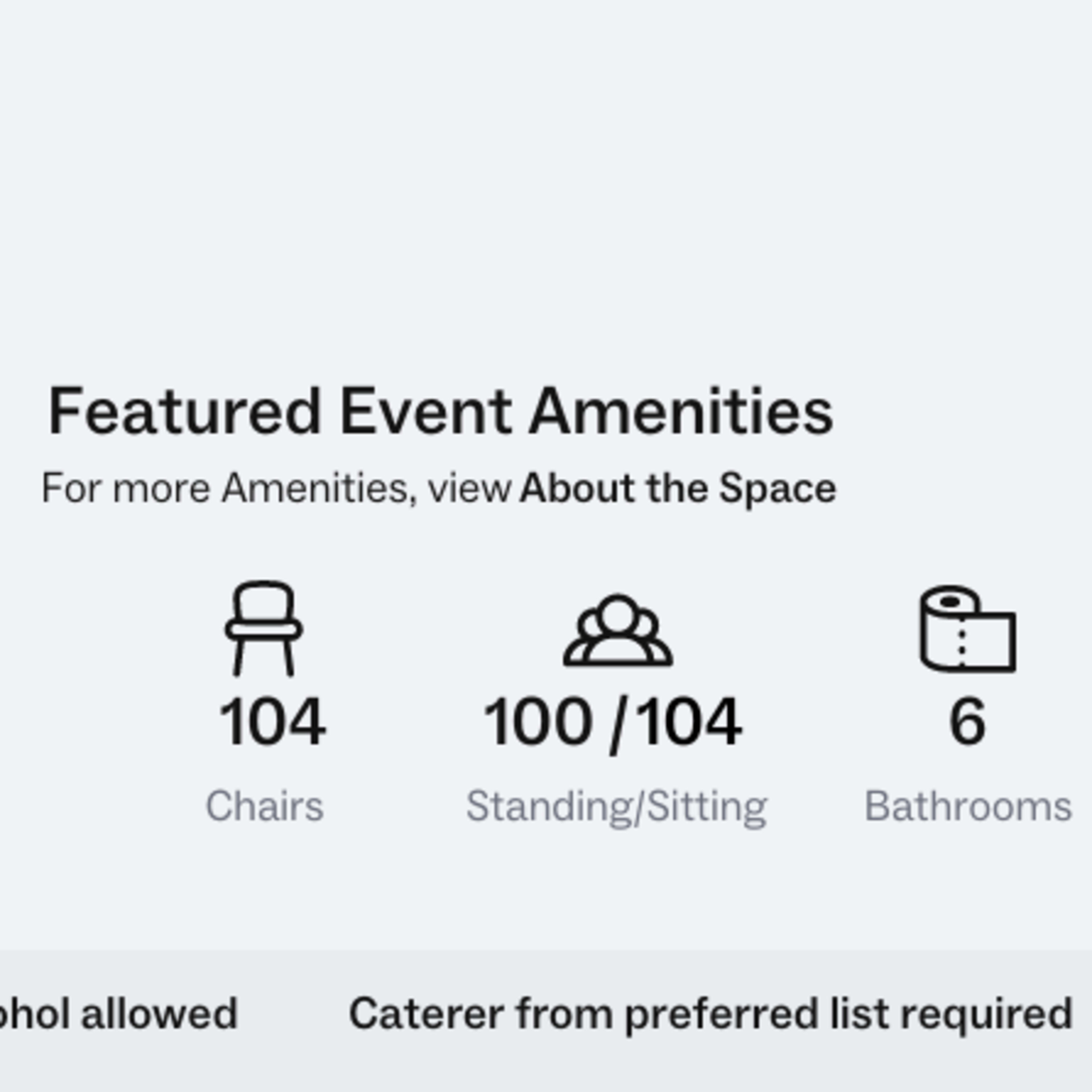 Event amenities, including 6 tables, 104 chairs, a capacity for 100 standing/sitting attendees, and 6 bathrooms.