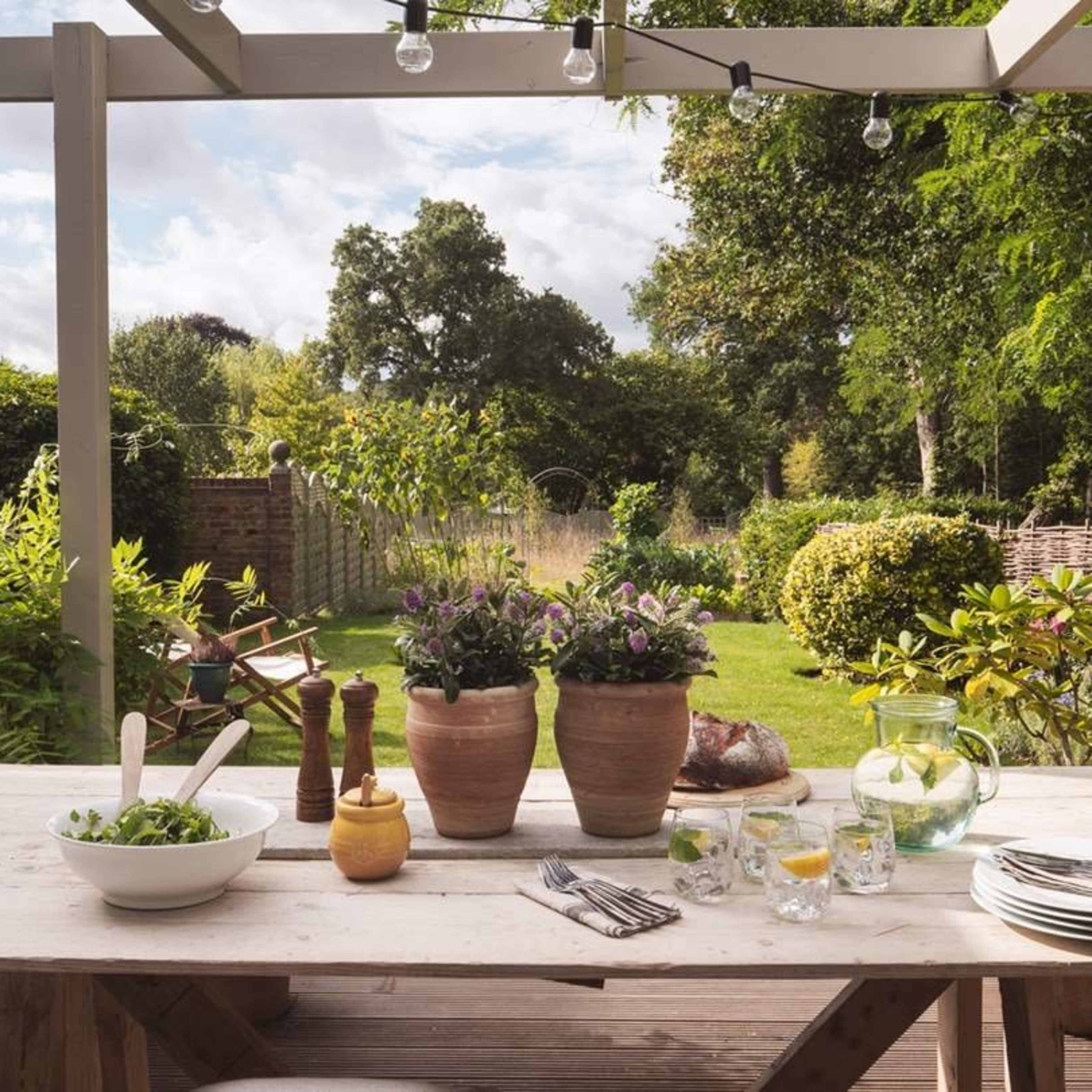 A dining table is set in a garden with potted plants, surrounded by greenery and a wooden fence.