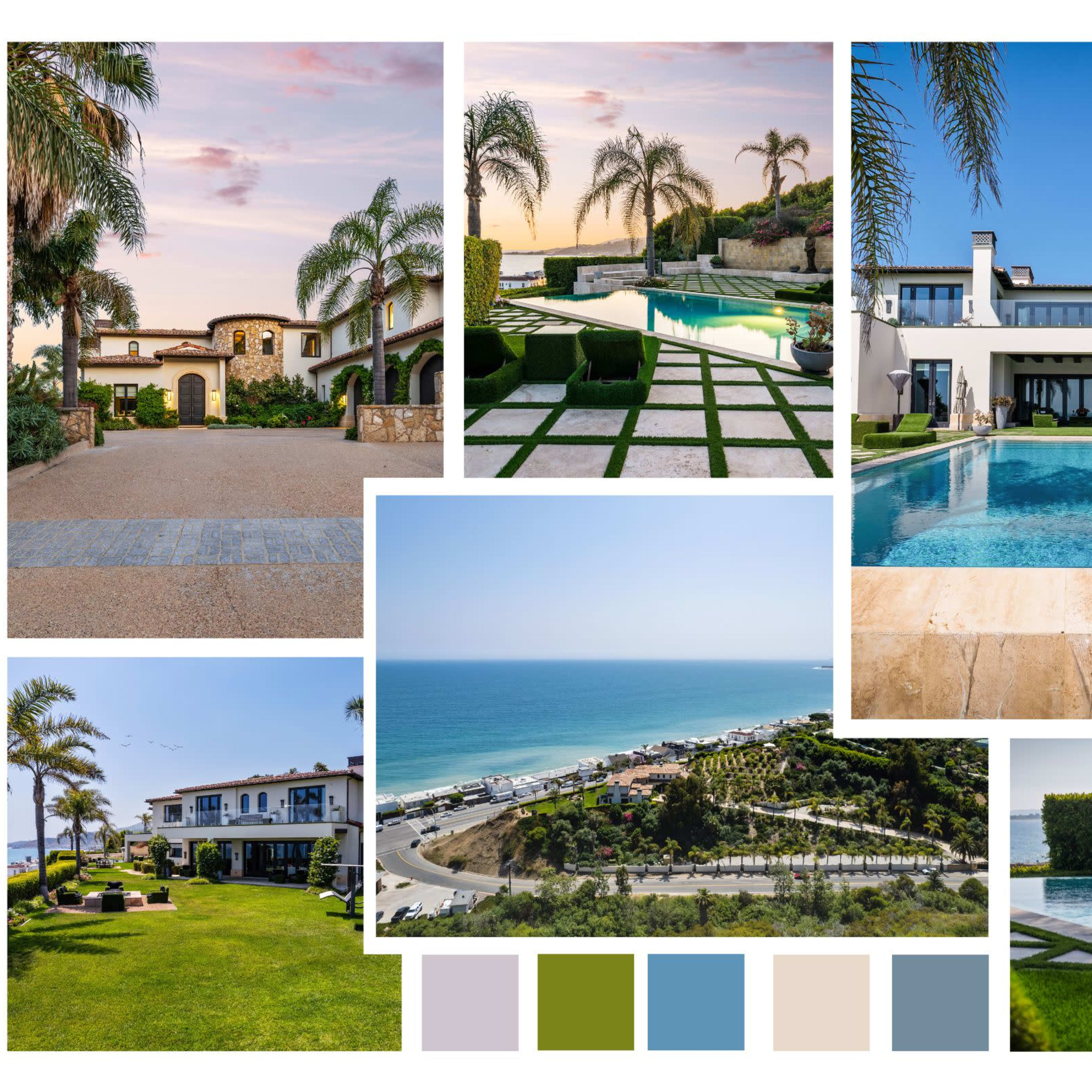 A collection of luxury residential properties with pools, gardens, and ocean views.