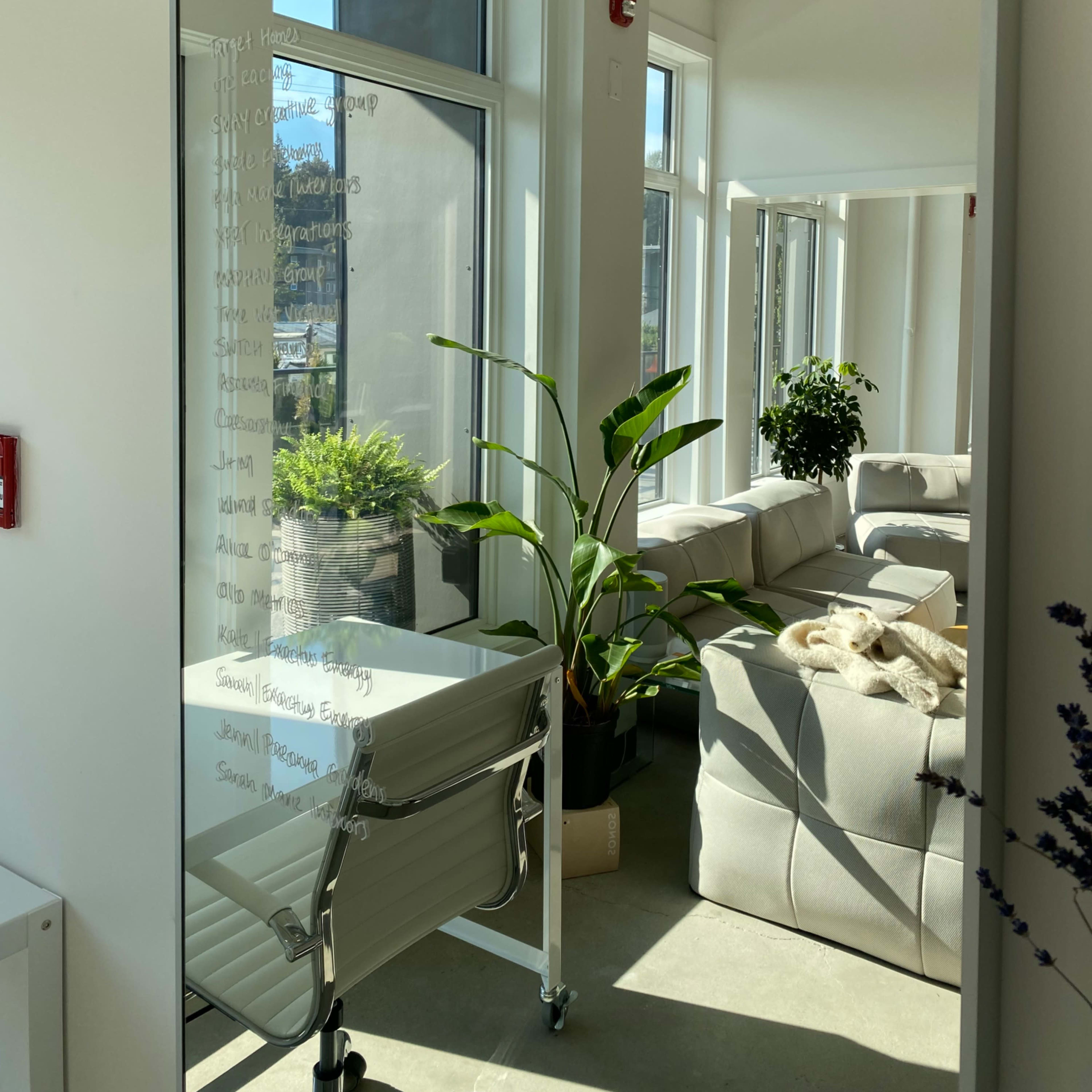 A large mirror reflects a bright office space with a chair and a decorative plant, adjacent to a white sofa and large windows.