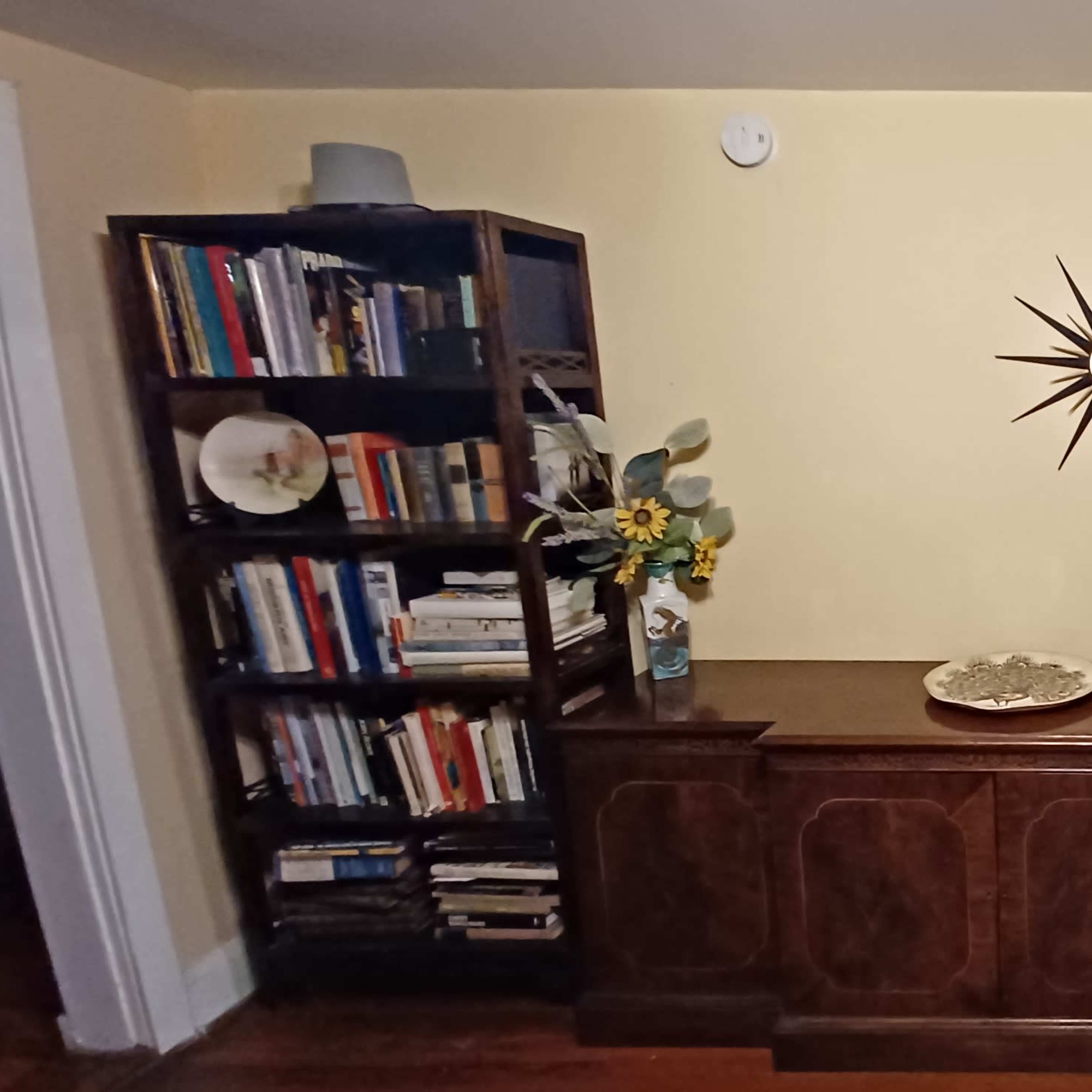 A furnished corner of a room featuring two bookshelves filled with books, a decorative wall clock, and a wooden cabinet with a tray on top.