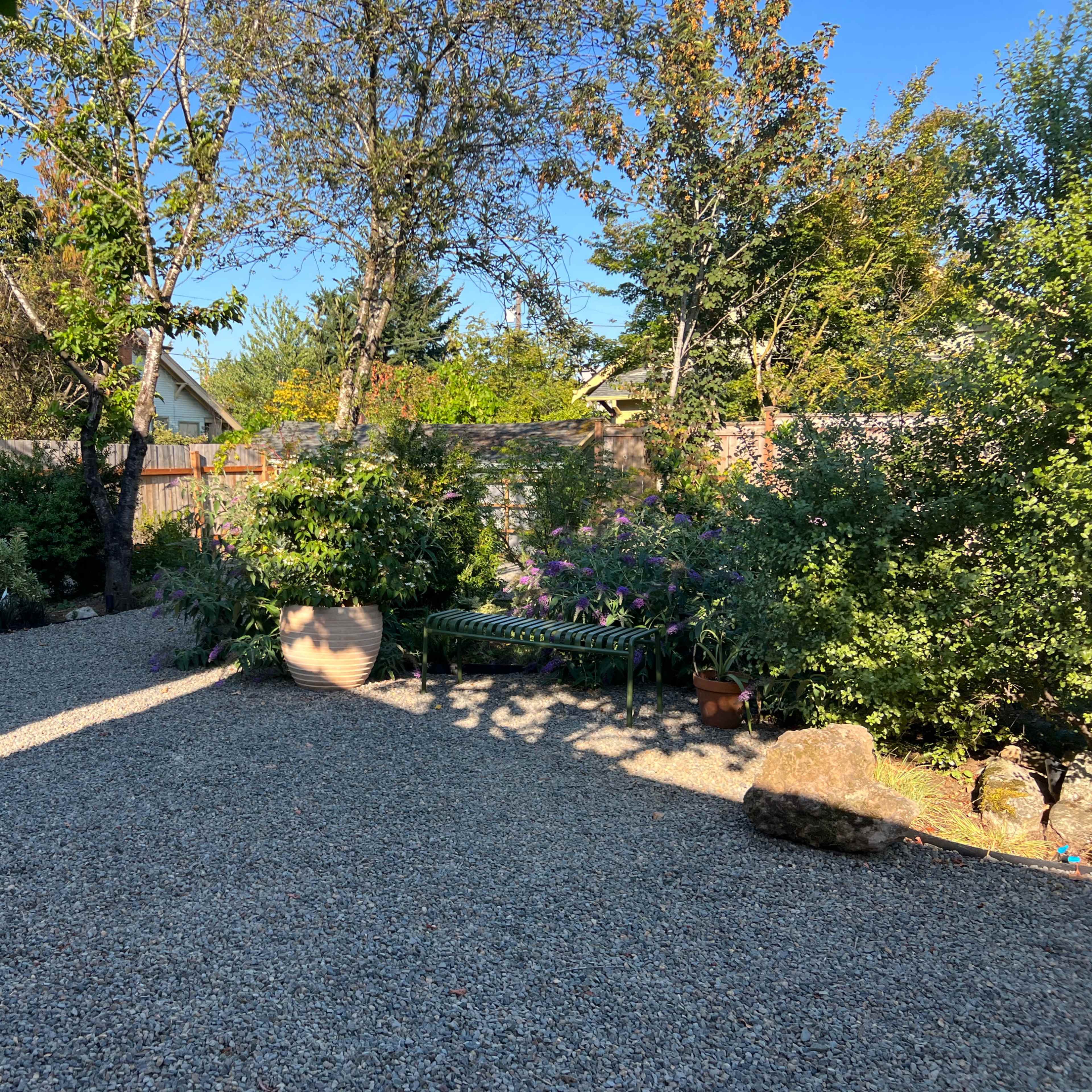 A gravel garden area features scattered plants and trees along its perimeter, with a bench positioned under the shade.