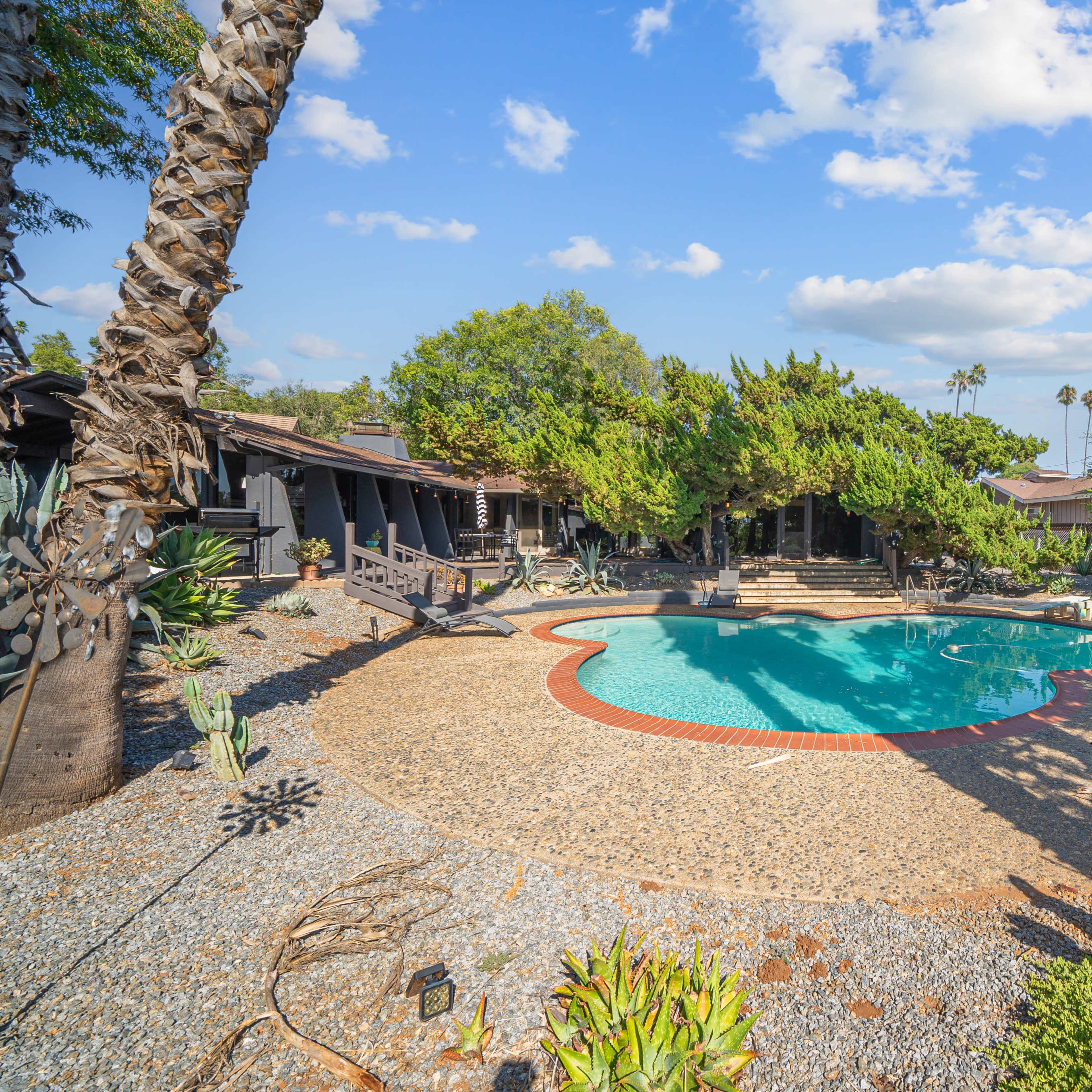 A swimming pool with a unique shape is surrounded by tropical plants and palm trees in a well-maintained outdoor space.