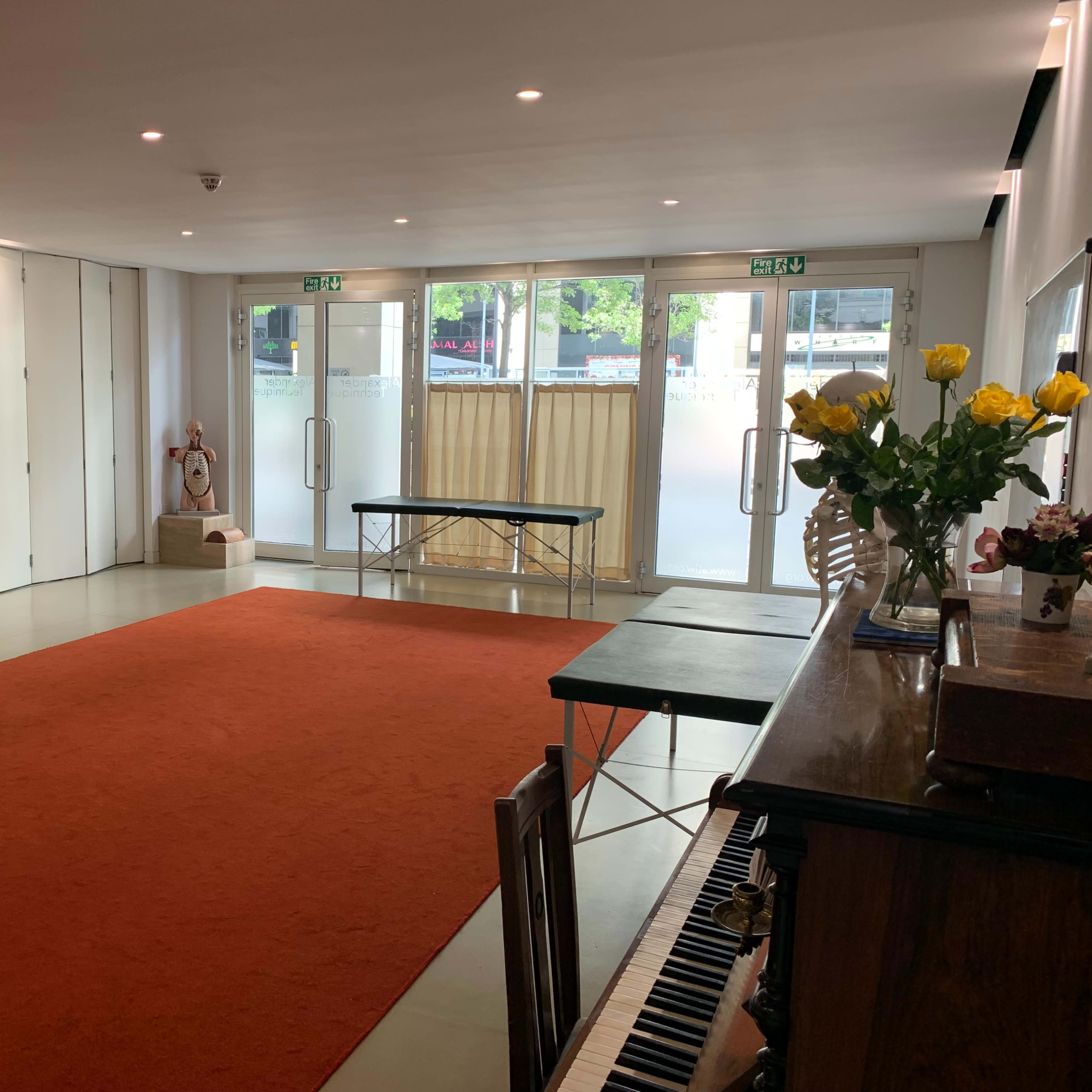 The scene shows a spacious room with a large orange carpet, a wooden piano, a table in the background, and large glass doors leading outside.