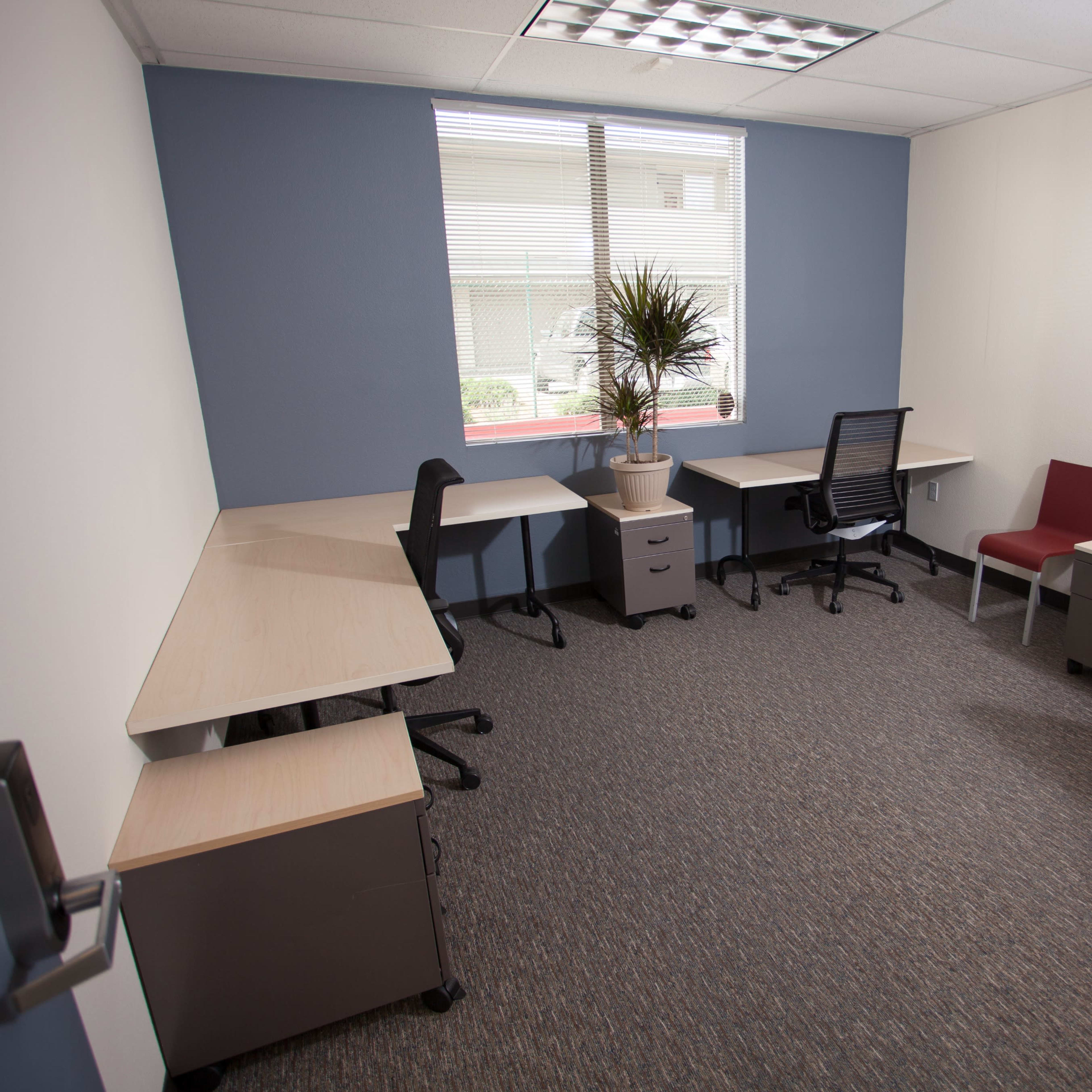 A small office space with two desks, a red chair, potted plant, and three office chairs arranged around the room.