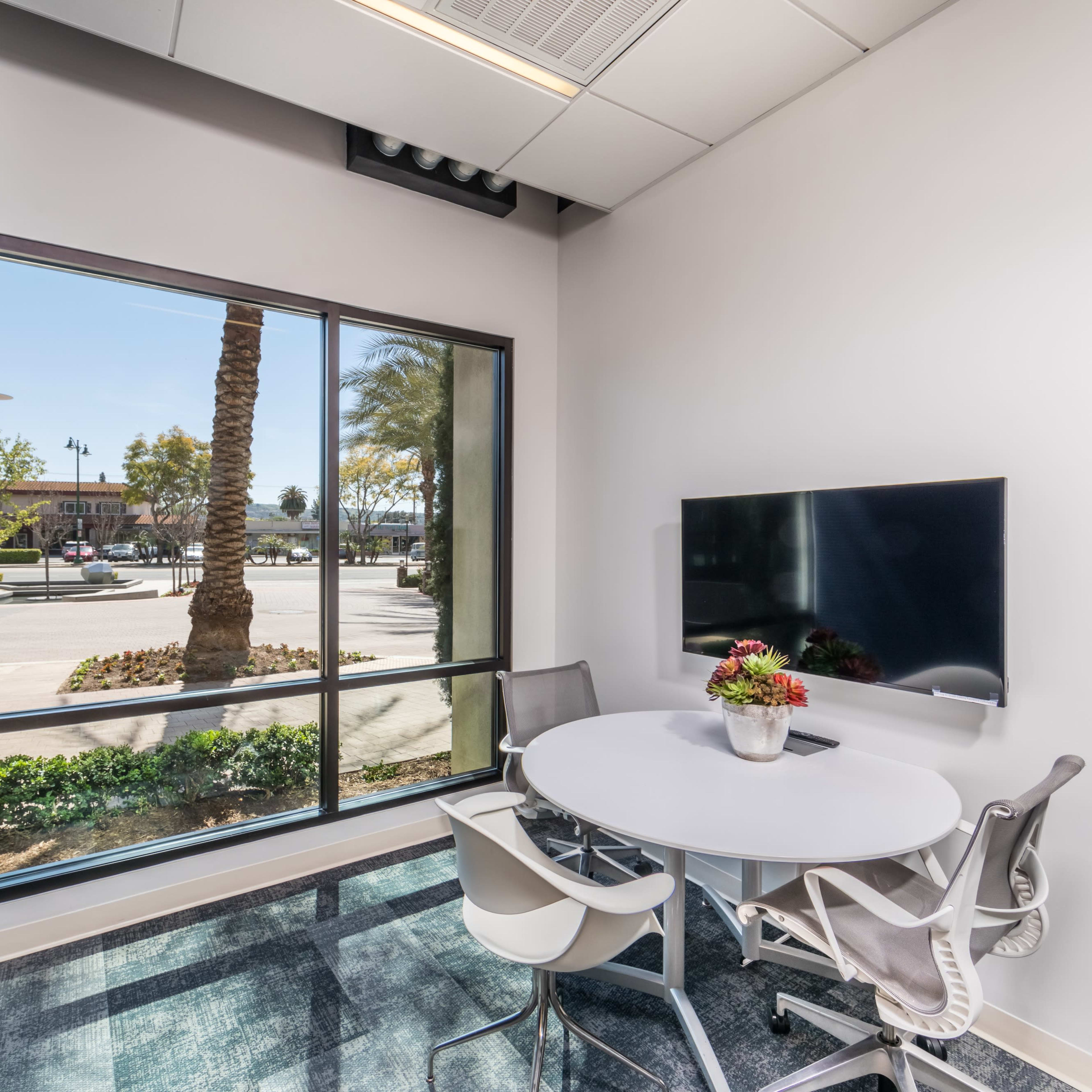 A small meeting room features a round table with chairs and a wall-mounted TV, overlooking a landscaped outdoor area with palm trees.