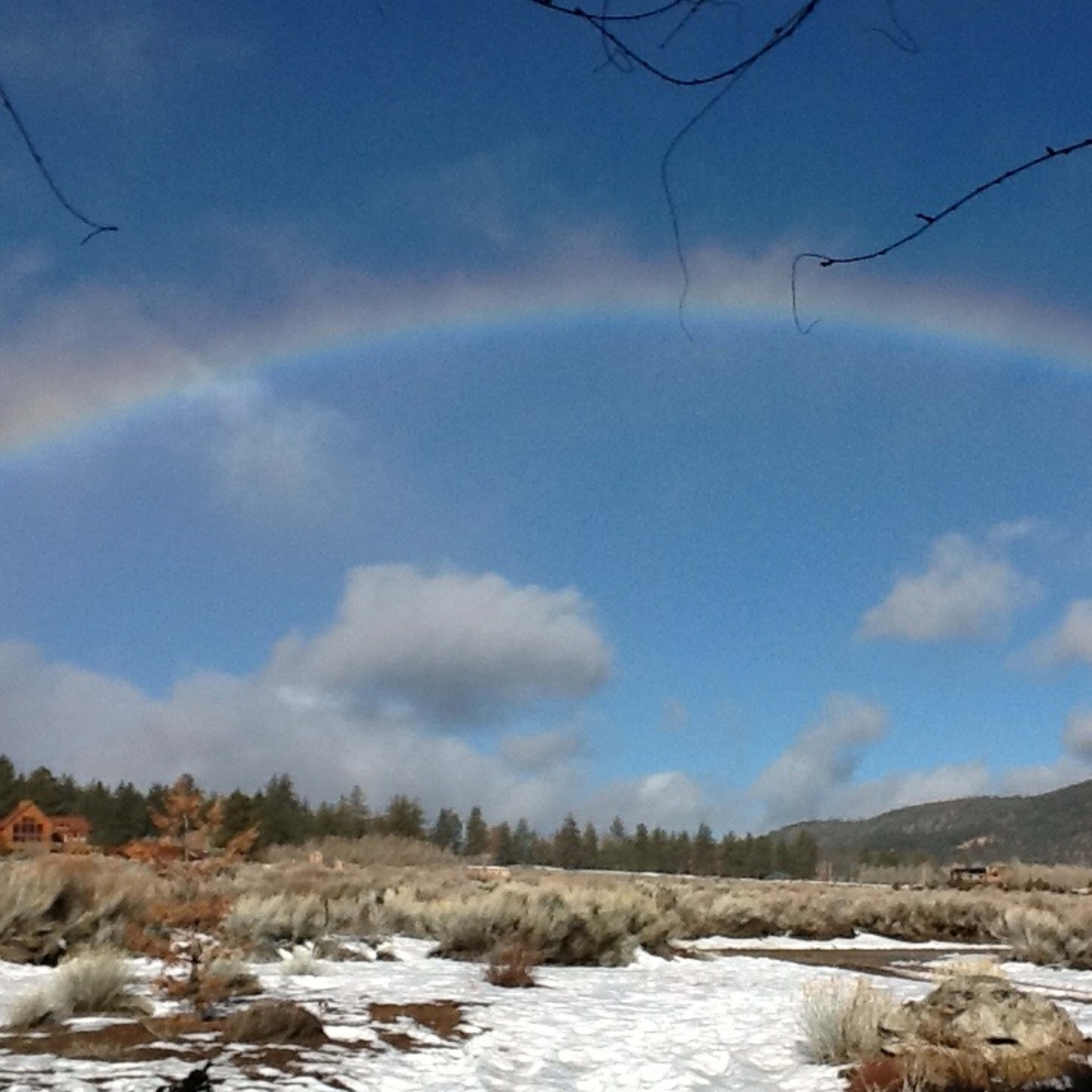 A vibrant rainbow arcs over a snowy landscape with scattered trees and mountains in the background under a partly cloudy sky.