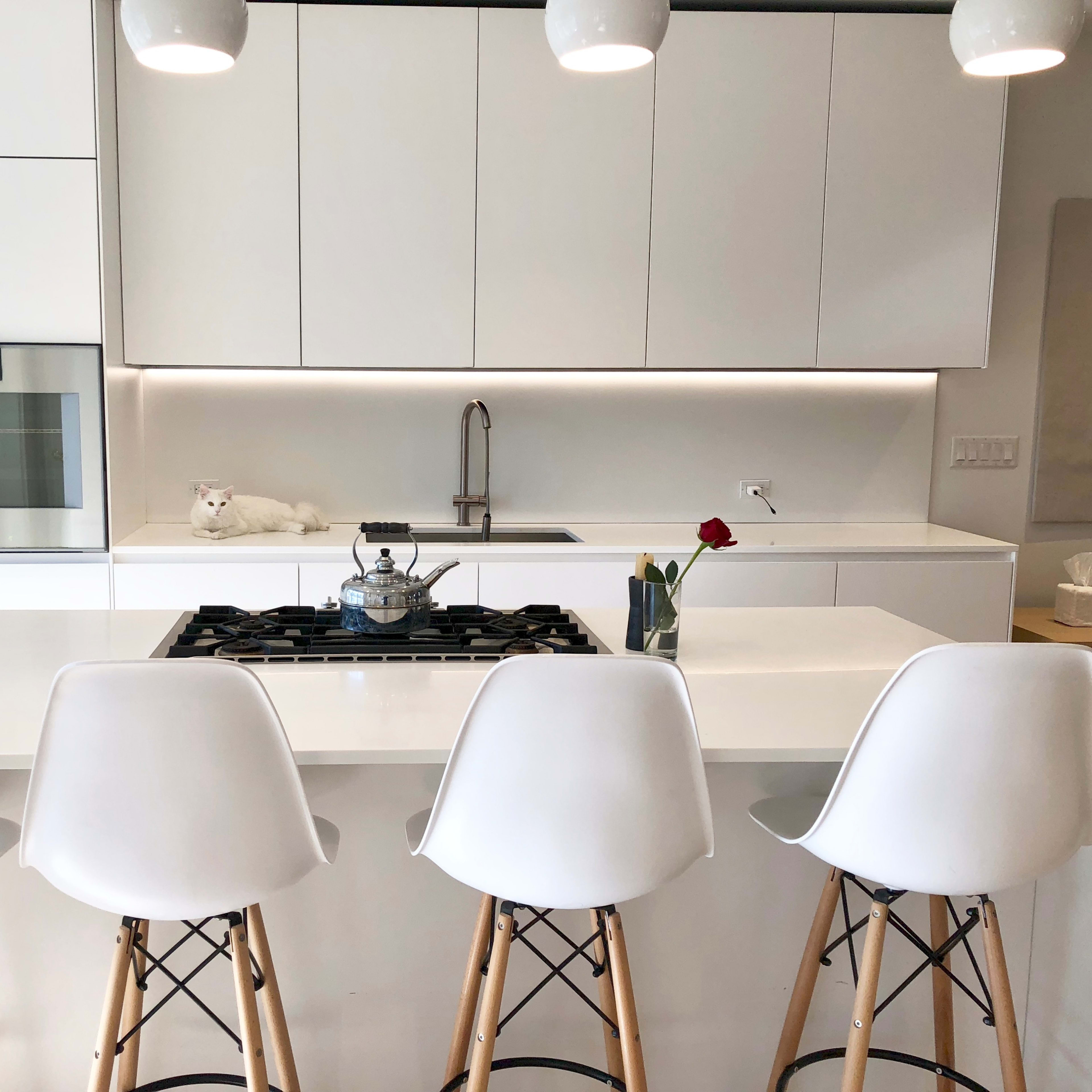 A modern kitchen features a central island with four white bar stools, a stove with a pot on it, and a white cat resting on the countertop.