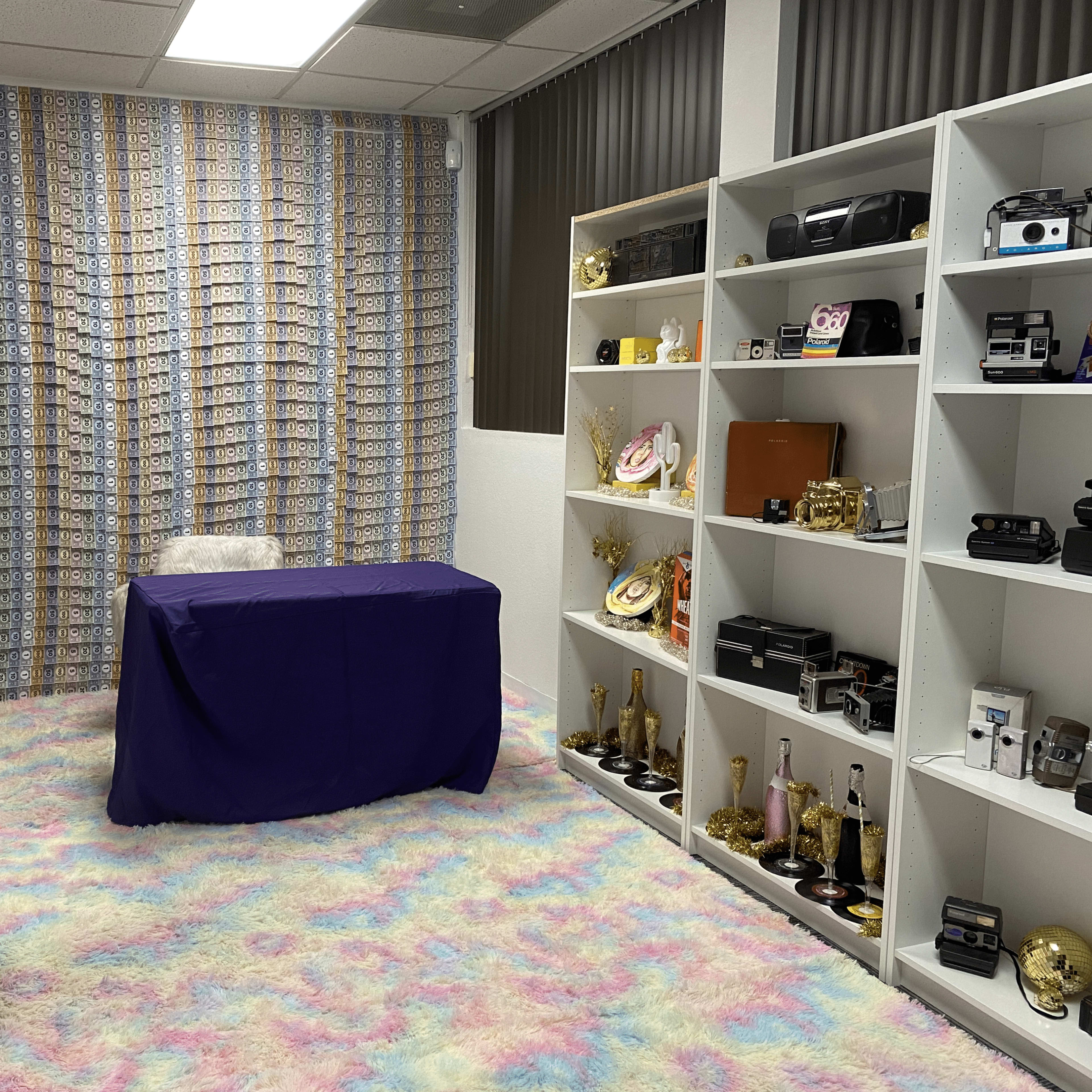 A small room features a purple table covered with a cloth, surrounded by a patterned wall and shelves displaying various cameras and decorative items.