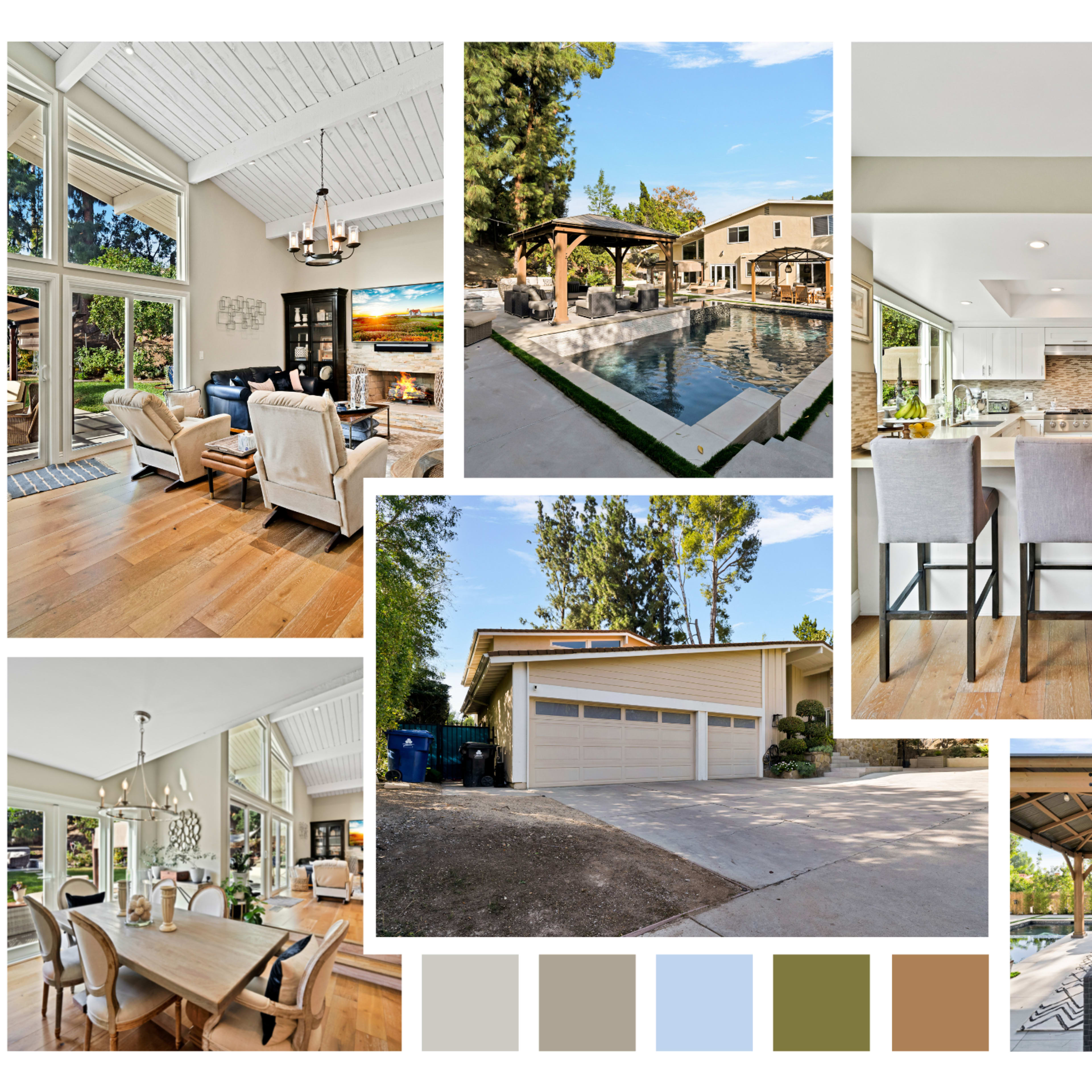 A luxurious home setting with a modern interior, a spacious outdoor pool area, and various rooms including a dining space, kitchen, and garage.
