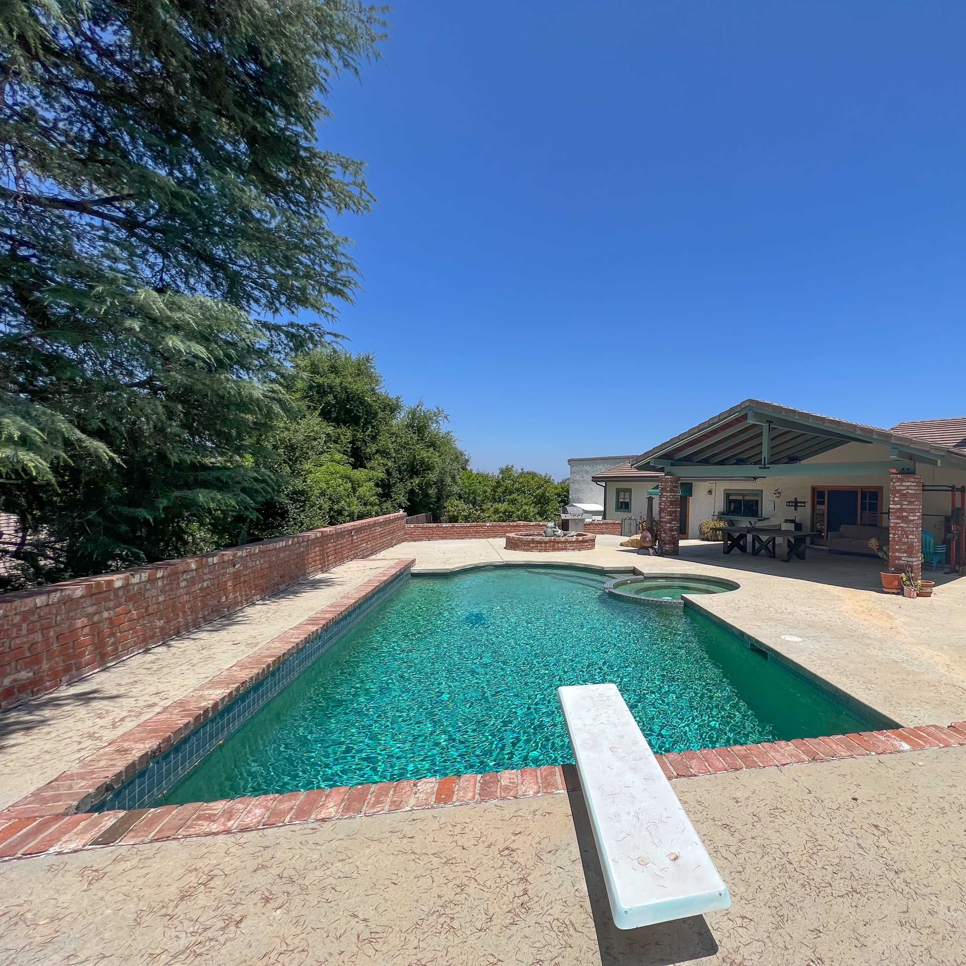 A backyard patio with a swimming pool, surrounded by brick walls and green foliage under a clear blue sky.